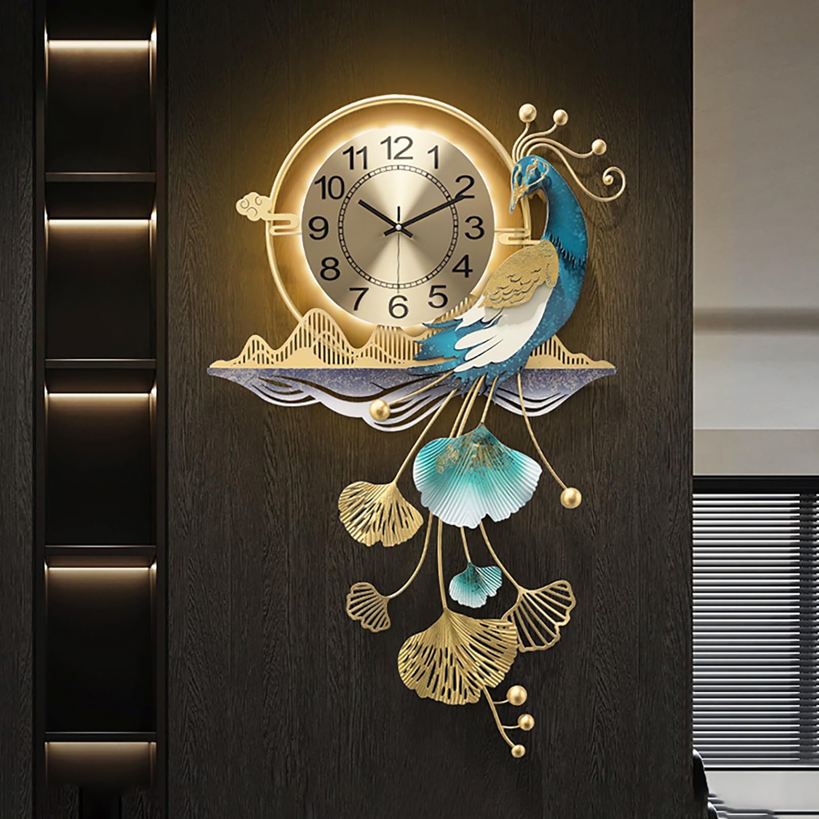 3D Peacock Metal Clock,Large Peacock Wall Clock,with Light,Creative Silent and Non Ticking,for Corridor Living Room Dining Room(19.69x33.86in)