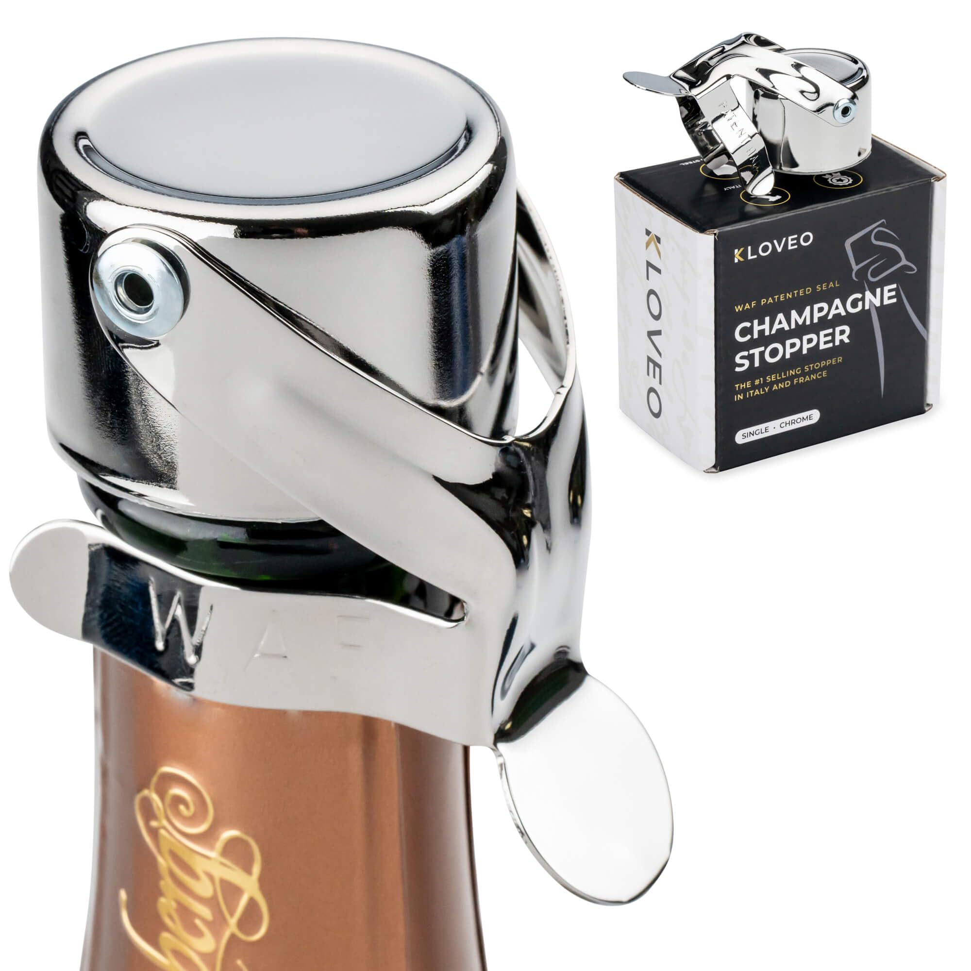 KLOVEO Champagne Stoppers - Patented Seal (No Pressure Pump Needed) Made in Italy - Professional Grade WAF Champagne Bottle Stopper - Prosecco, Cava, and Sparkling Wine Stopper