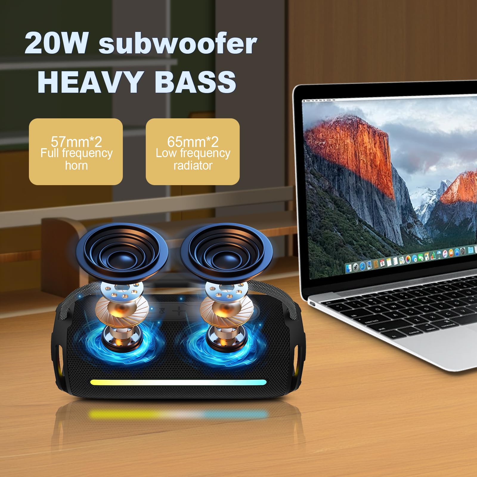 Portable Bluetooth Speaker with 20W Deep Bass, Waterproof Wireless Outdoor Speaker with Colorful LED Lights, TWS Pairing, Loud Speaker for Party, Beach, Travel & Home (Black) — view 4