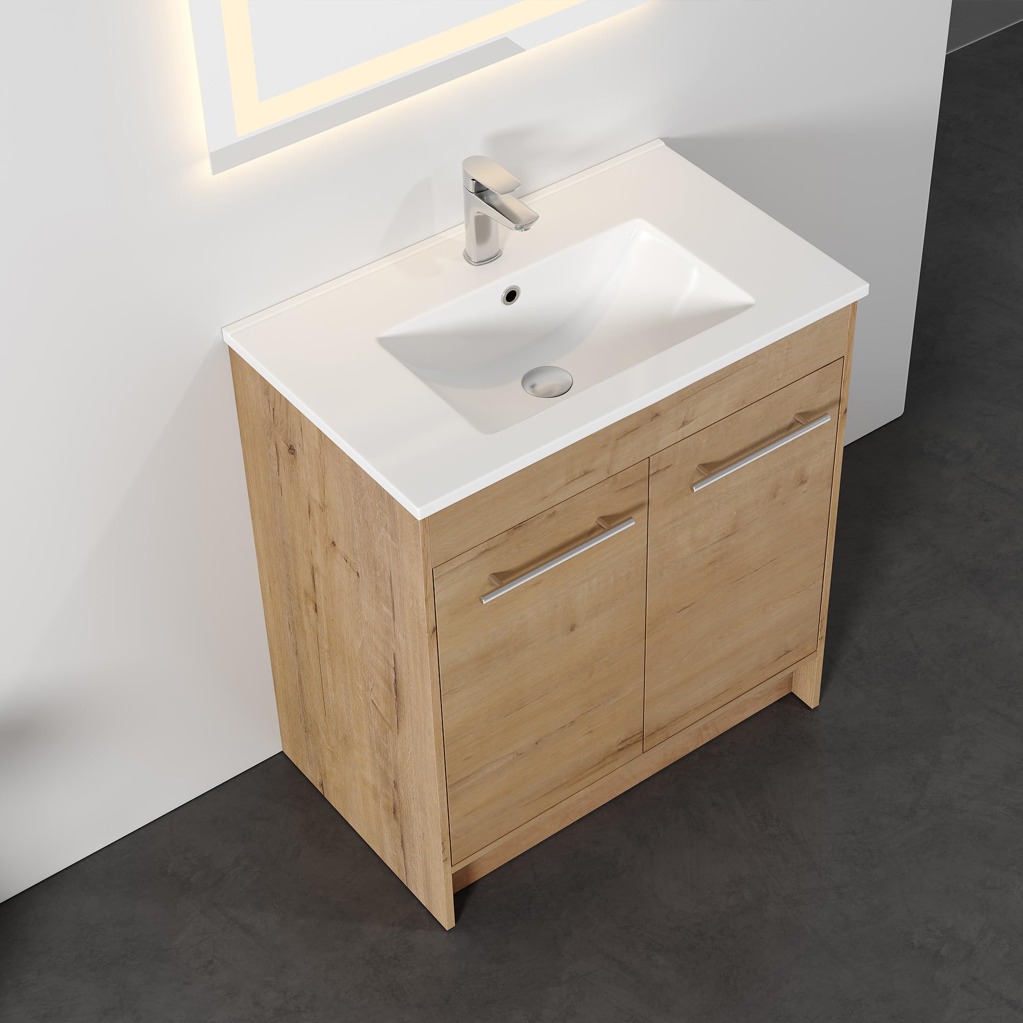 Dowell Oak Natural Bathroom Vanity with Ceramic Sink Combo, Modern Bathroom Cabinet with Soft-Close Door, Freestanding Single Bathroom Vanity Set (30