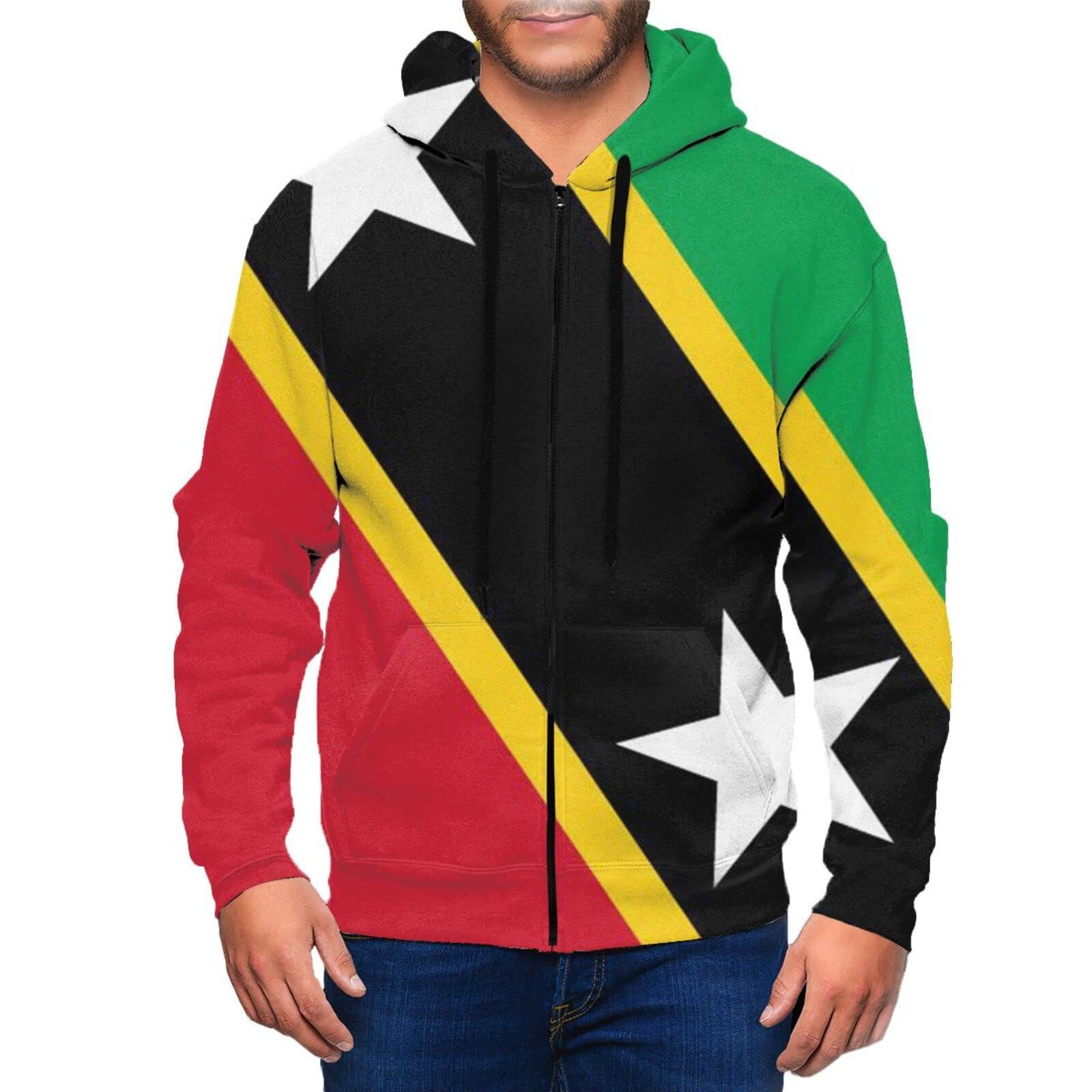 DJNGN Flag of Saint Kitts and Nevis Men's Hoodie Full-Zip Pullover Sweatshirts with Pocket Jacket