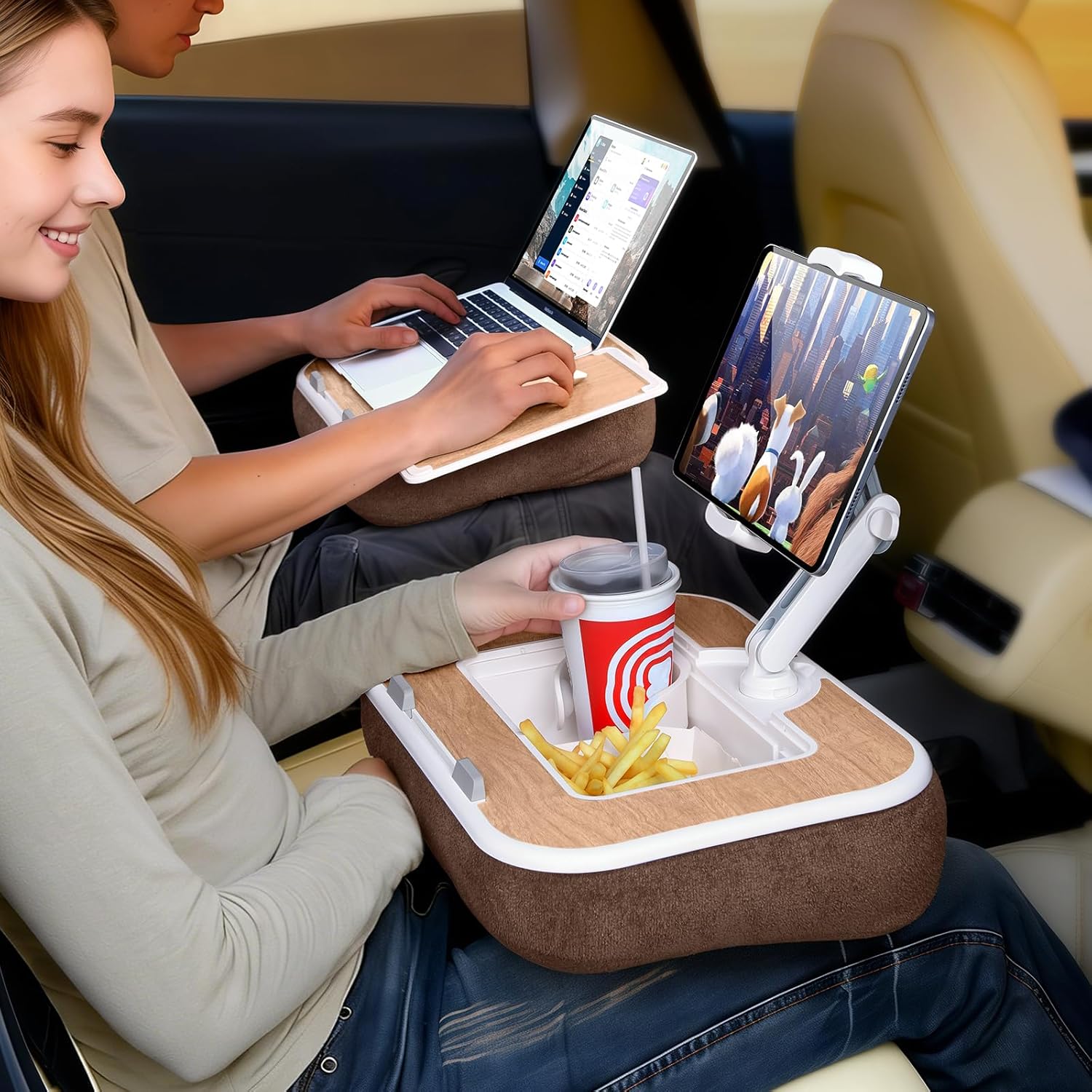 Car Seat Tray Pillow Stand, Laptop Lap Desk with Mouse Pad, Portable Food Tray with Tablet/Kindle Mount Holder, Front/Rear Seat Table for Office/Eating/Reading, Travel Essentials Accessories