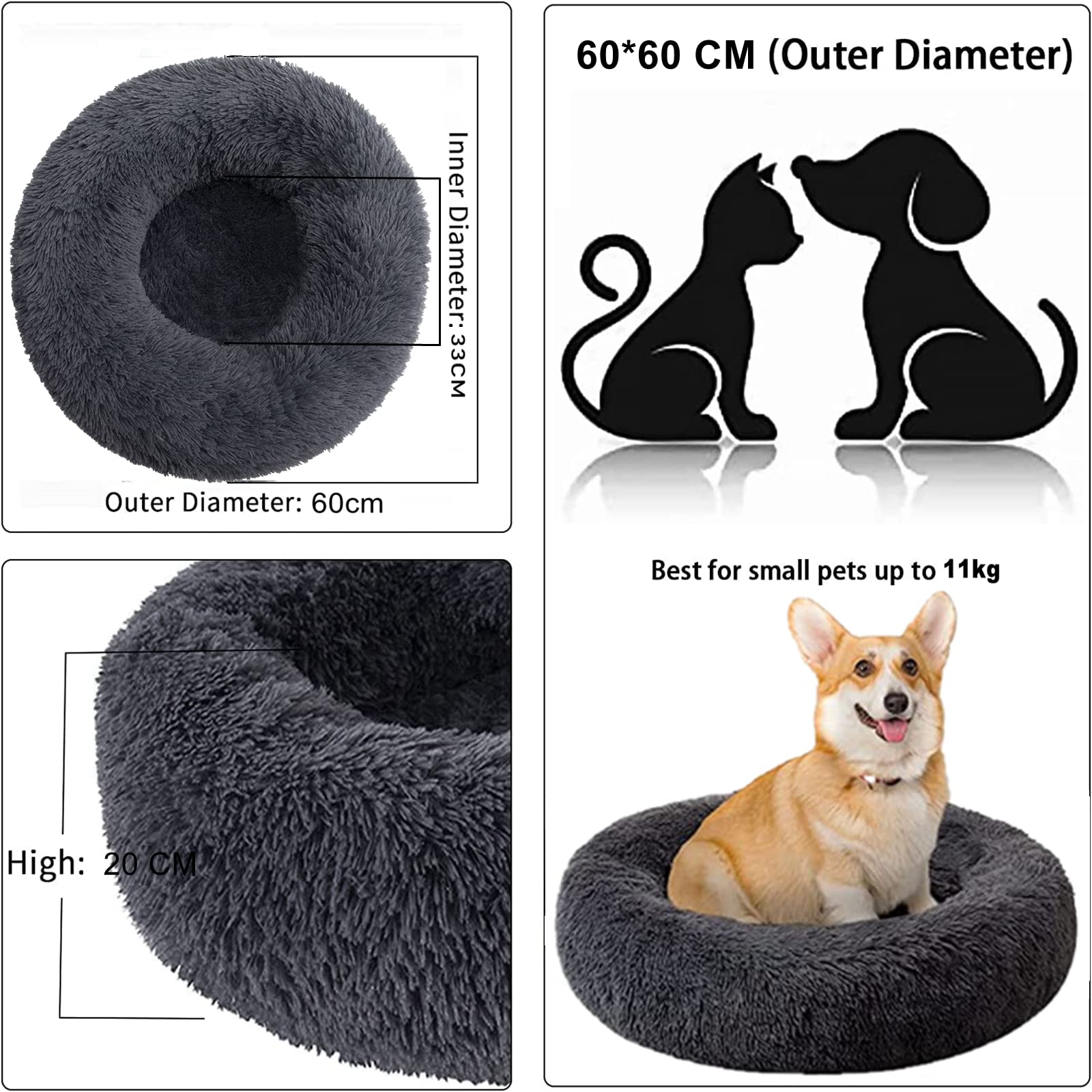 Panier pour Chien 60CM Chau Peluche Lit pour Chat Anti Dérapant Lavable Rond en Moelleux Coussin Anti Stress Lit pour Chiens et Chats (Gris Foncé)