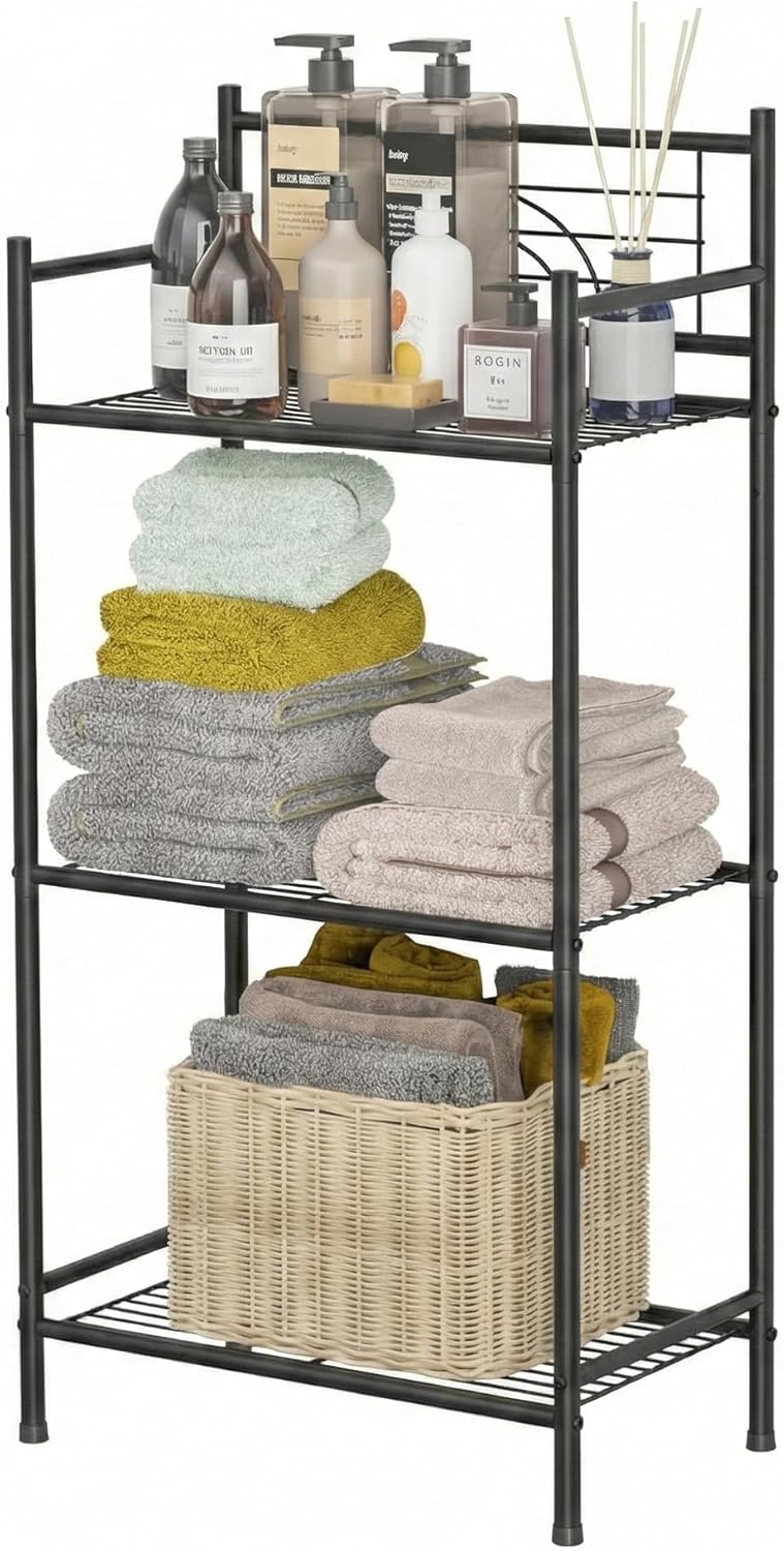 LEEDA 3-Tier Freestanding Bathroom Storage Shelf, Multipurpose Metal Tower Shelving Unit, Storage Shelves Organizer for Small Space,Plants Flowers, Kitchen, Office - Black
