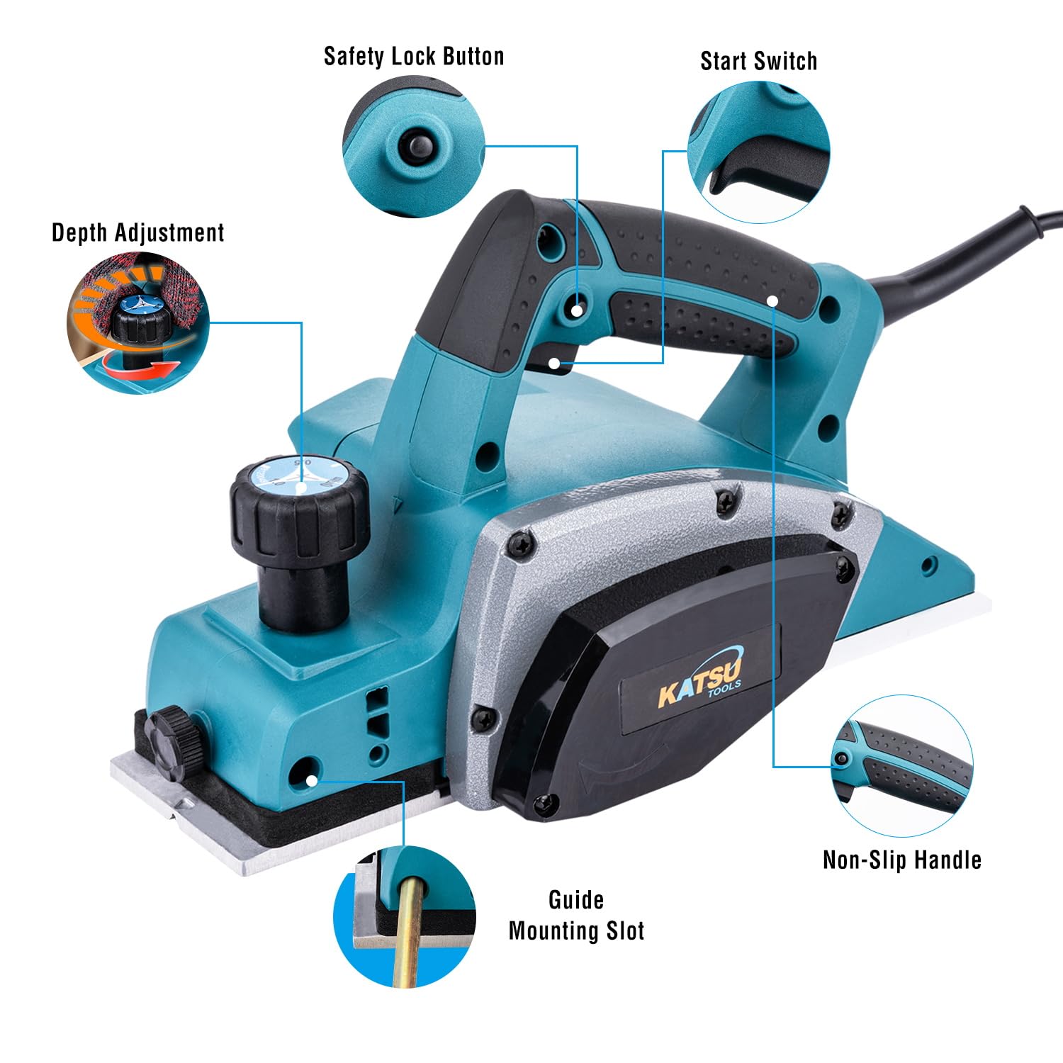 KATSU Tools Cepilladora eléctrica 600 W 82 mm 2 mm para madera