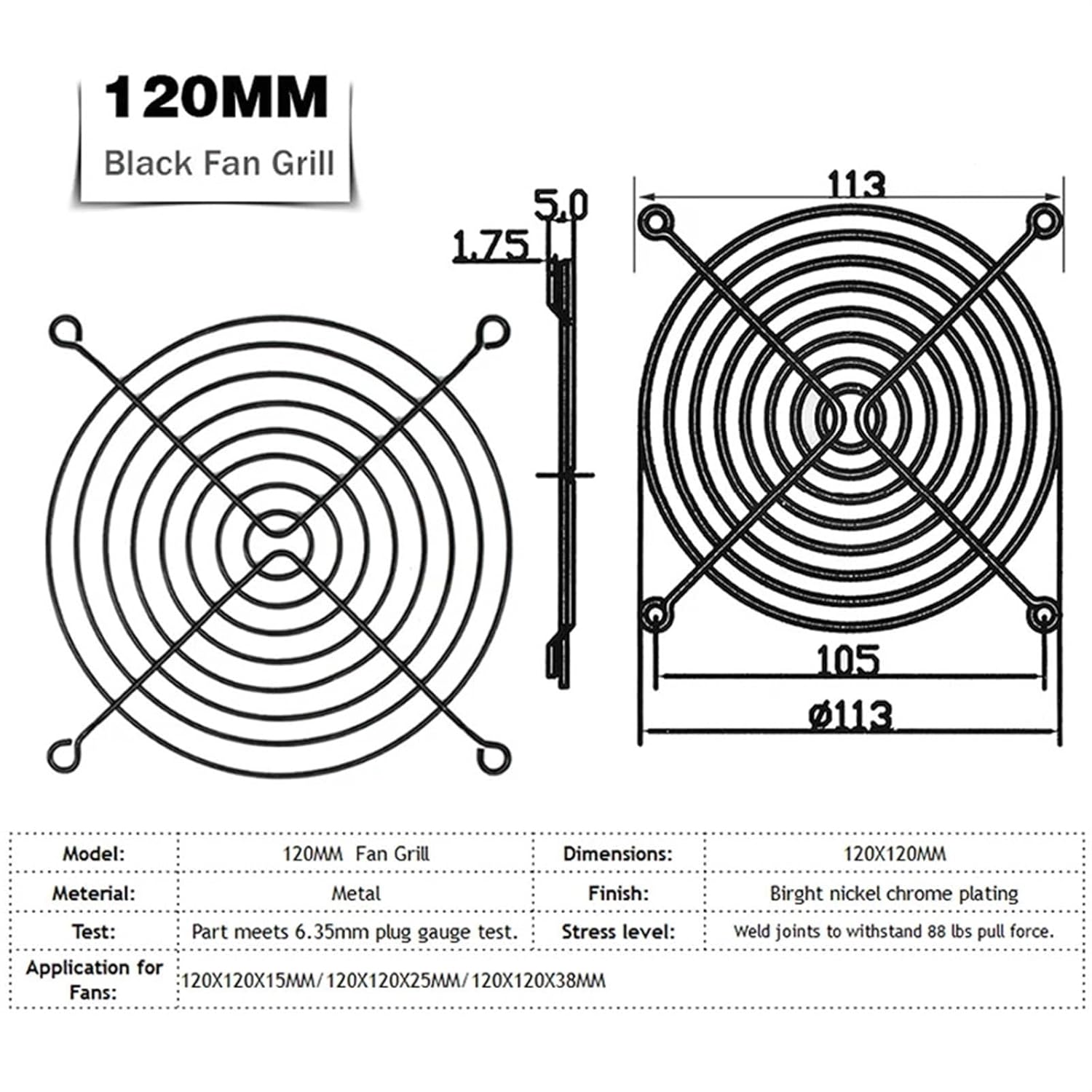 100 Pieces 120mm 12cm CPU Computer Fan Black Iron Grill Cover Metal Grill Finger Guard for 120x120mm Cooling Fan