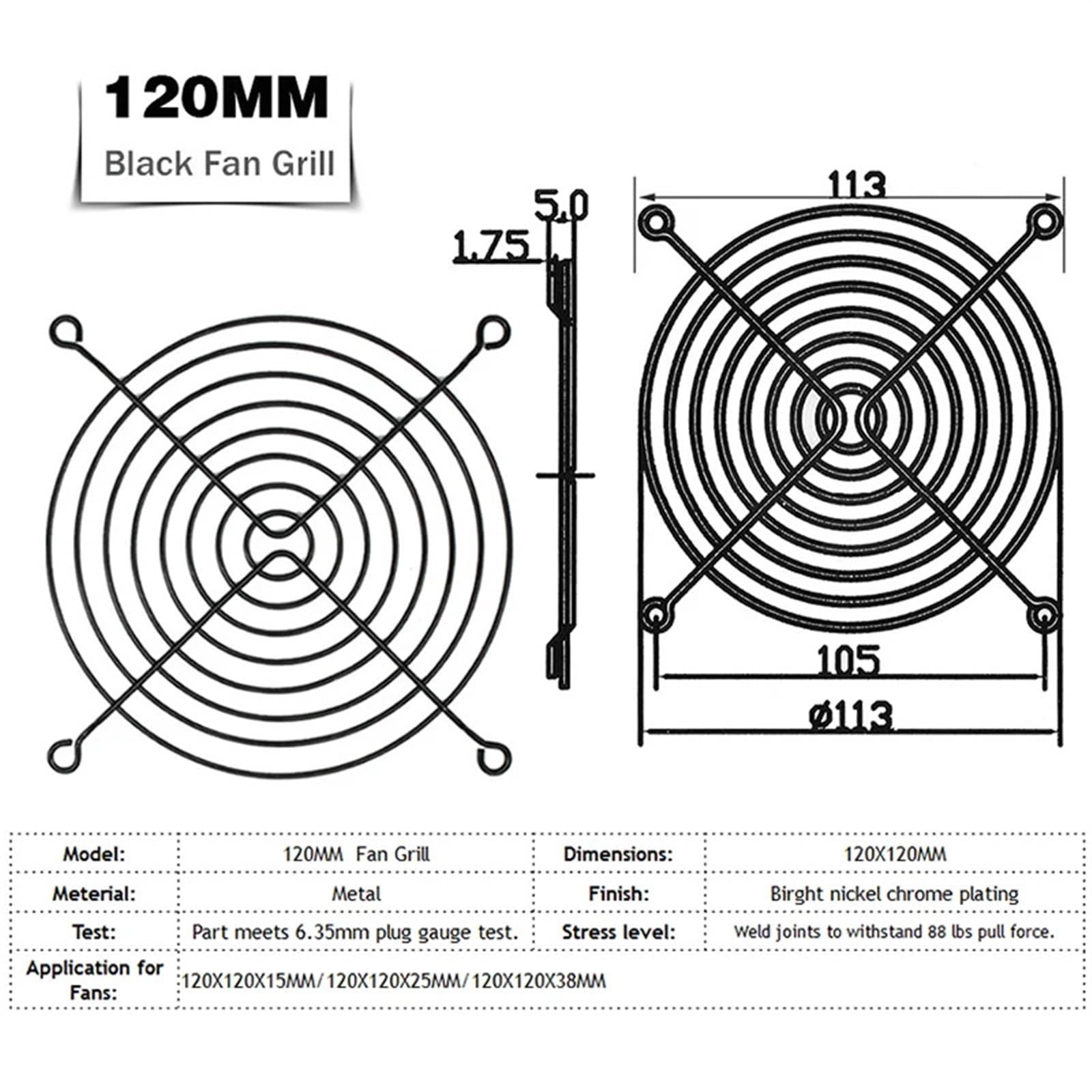 Set da 50 Pezzi in Metallo Acciaio 120 mm x 120 mm 12 cm Nero Protezione for ventole Protezione for Dita Rete for griglia