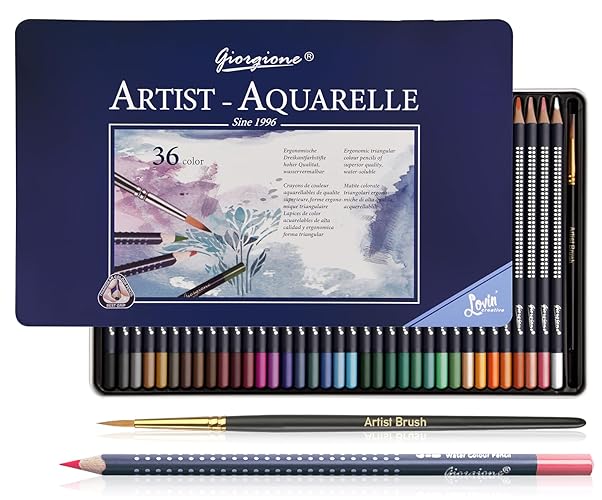 Surcotto Watercolour Pencils - 36 Colouring Pencils Watercolour,Water-Soluble Coloured Pencils for School,Beginners, Students and Adults | Water-Based, Soft Colours,Wooden Barrel with Tin & Fine Brush - 36-Water-Based