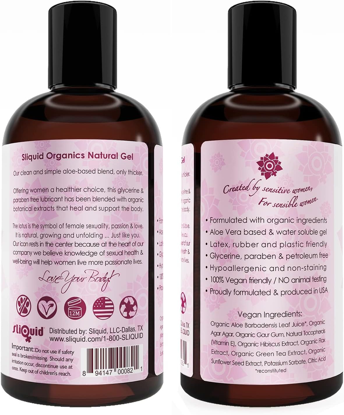 Sliquid Organics Water-Based Lube - Aloe Vera Leaf Infused with Organic Oils & Botanicals, Natural Lubricating Gel for Women/Men/Couples, Unscented, 8.5 Fl Oz (Pack of 2)