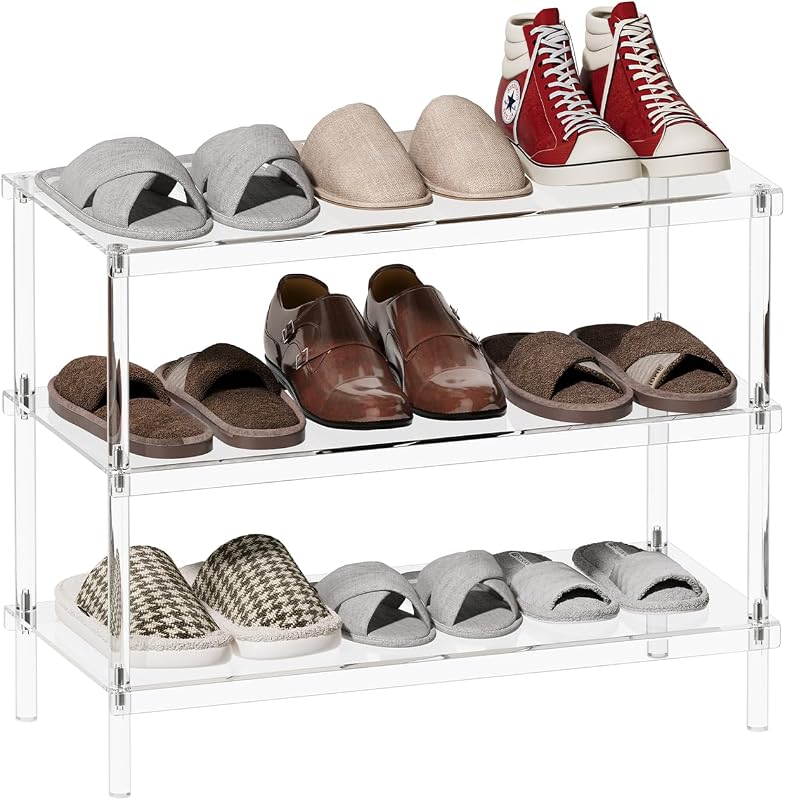 3-Tier Acrylic Shoe Rack - Modern Freestanding Shoe Storage Shelf for Entryway, Closet - 25.6'' L x 11.8'' W x 20.3'' H, Easy Assembly & Clean