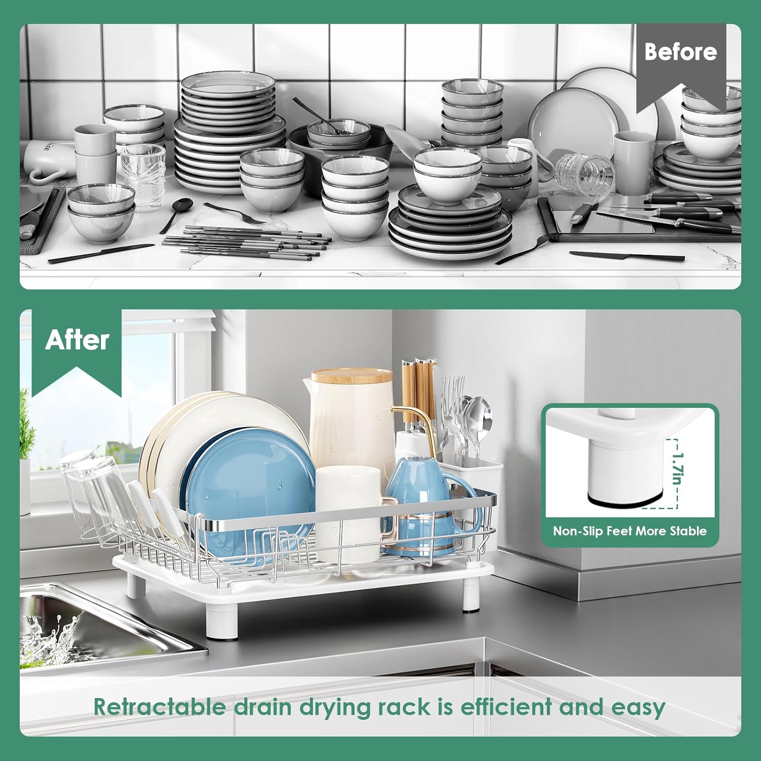 moukabal dish drying rack, dish rack, stainless steel dish racks for kitchen counter, dish drainer with removable utensil holder, drainboard (white,stainless steel,13''w x 17''l) white silver 13''w x 17''l