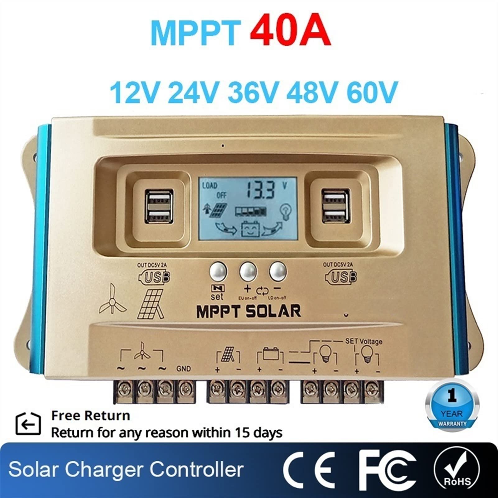 Invertitore Solare, 40A Wind Energy regolatore ibrido solare LCD MPPT Doppio 12V 24V 36V 48V 60V USB Ricarica della batteria Regolatore multifunzionale GUIDATO Solar Micro Inverter