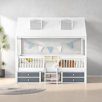 Full Size Wood House Bed with Full-Length Fence and 2-Step Ladder, Playhouse Design Tent Bed Platform Bed Frames with 4 Drawers and Roof, White