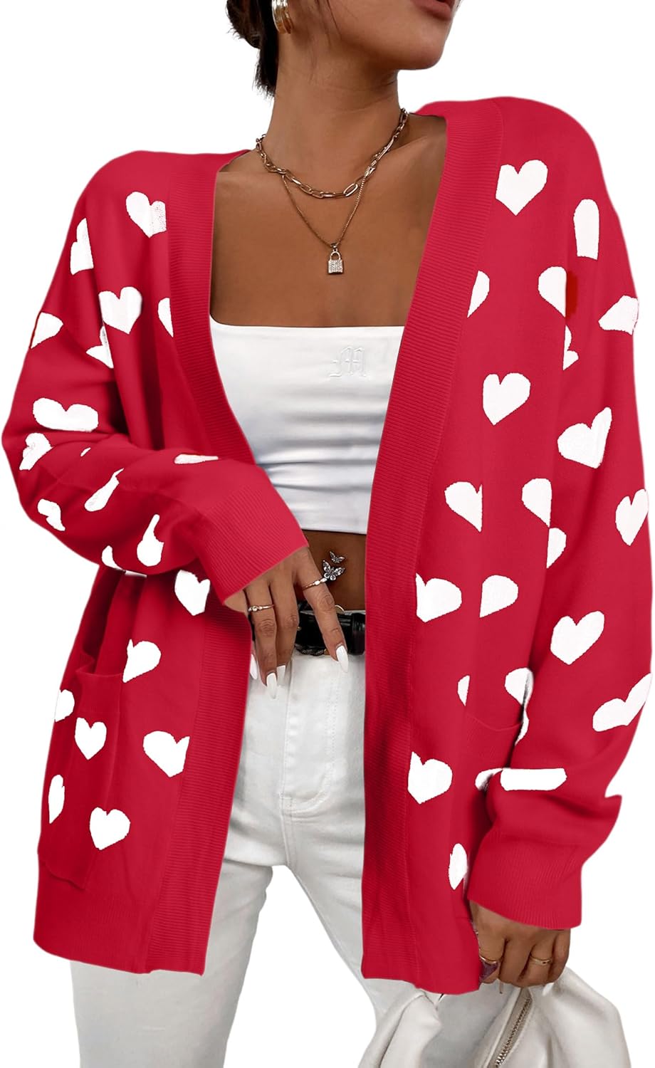 Heart Cardigan Valentines Sweater Women: Valentine Cardigan Love Print Open Front Knit Sweaters Outwear with Pockets