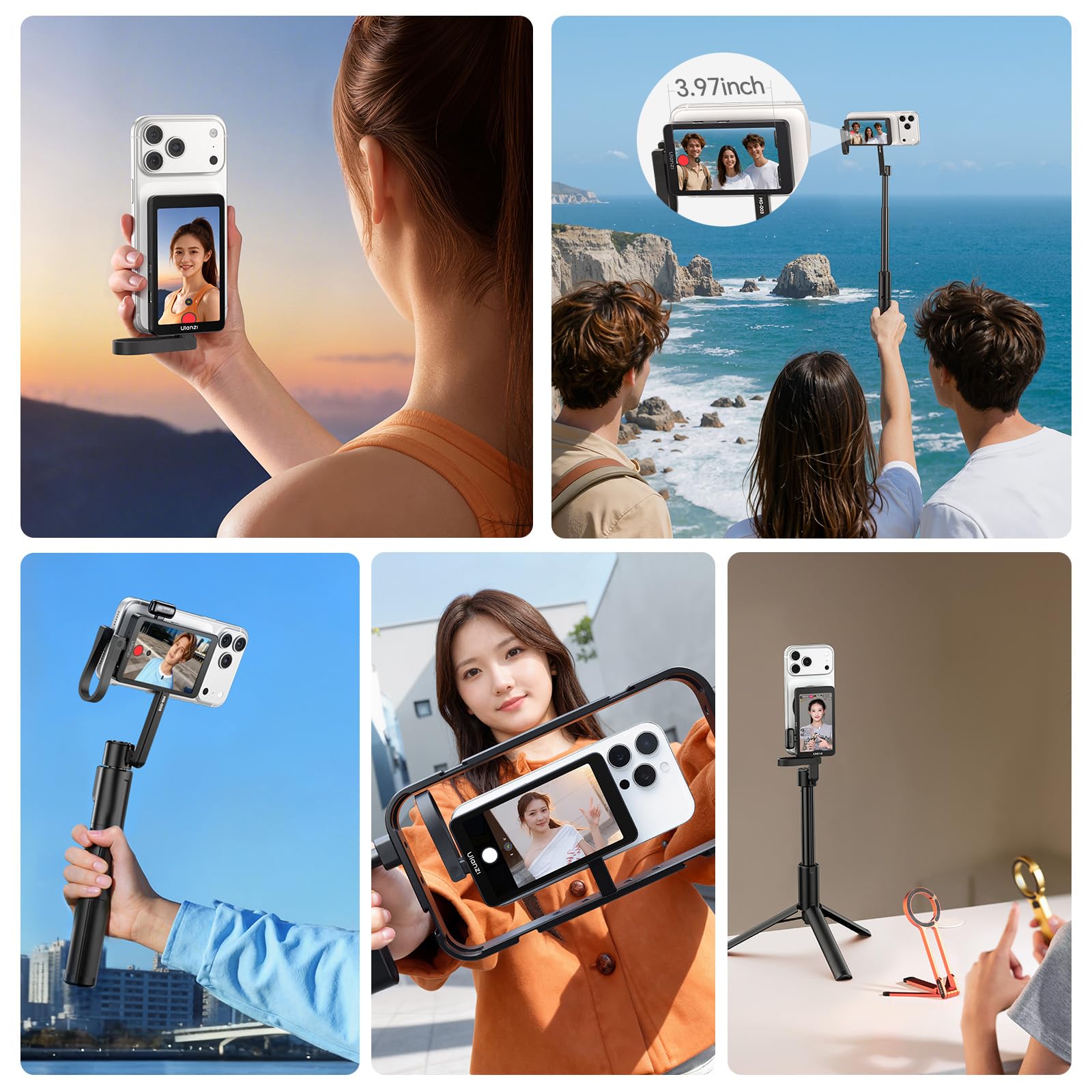 ULANZI VM1 Selfie monitor schermo magentico da 3,97” 4K@60fps per smartphone DP-Ready, 87g, Connessione cablata senza Wi-Fi, Zero Lag, 3-Livelli Luminosità, USB-C Pass-Through 60W, Vlog/Live/Shorts