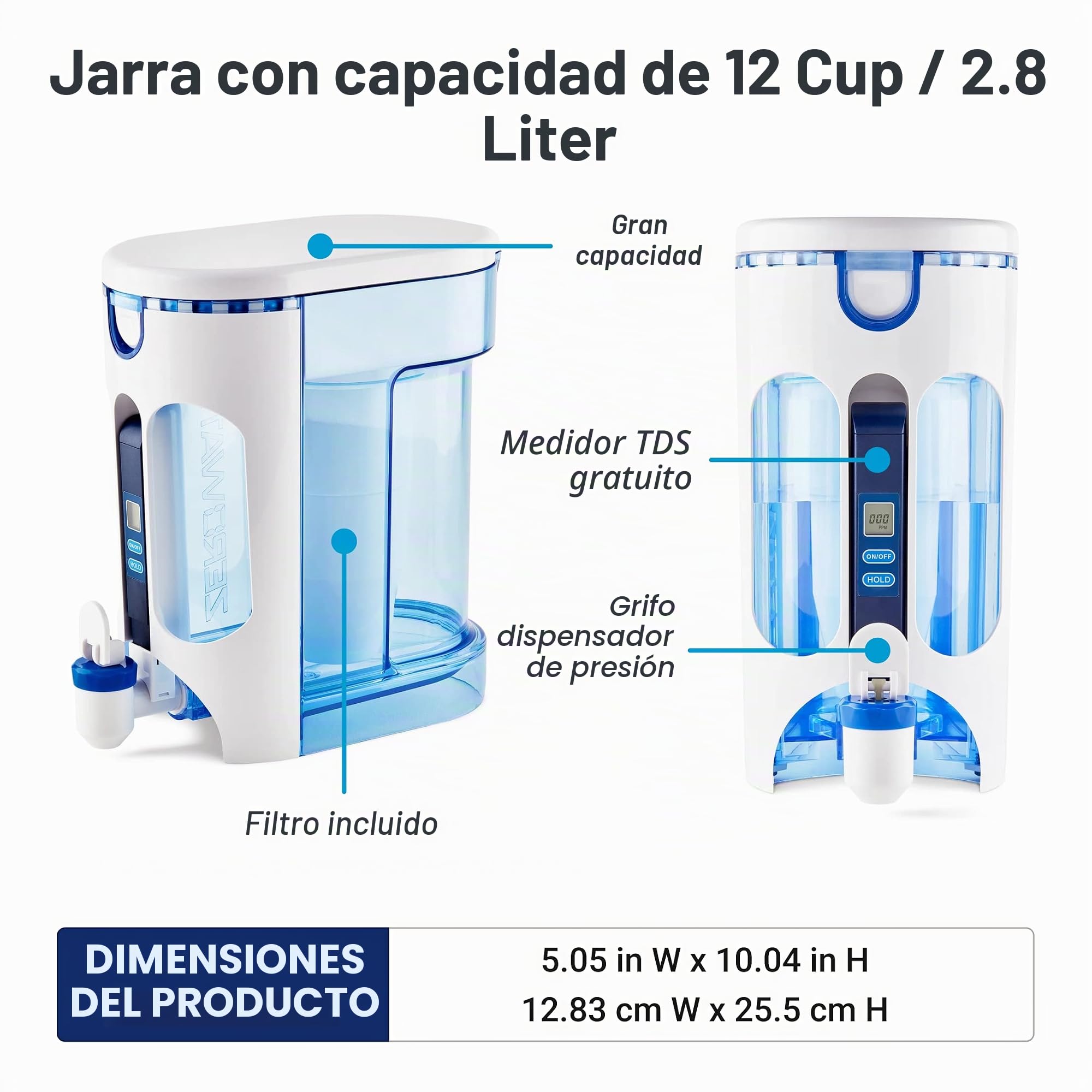 Culligan ZeroWater Jarra filtradora de agua de 2,8 L, Libre de BPA Certificada IAPMO para Reducir la Cal el Plomo y Otros Metales Pesados, Medidor TDS y Cartucho Incluido