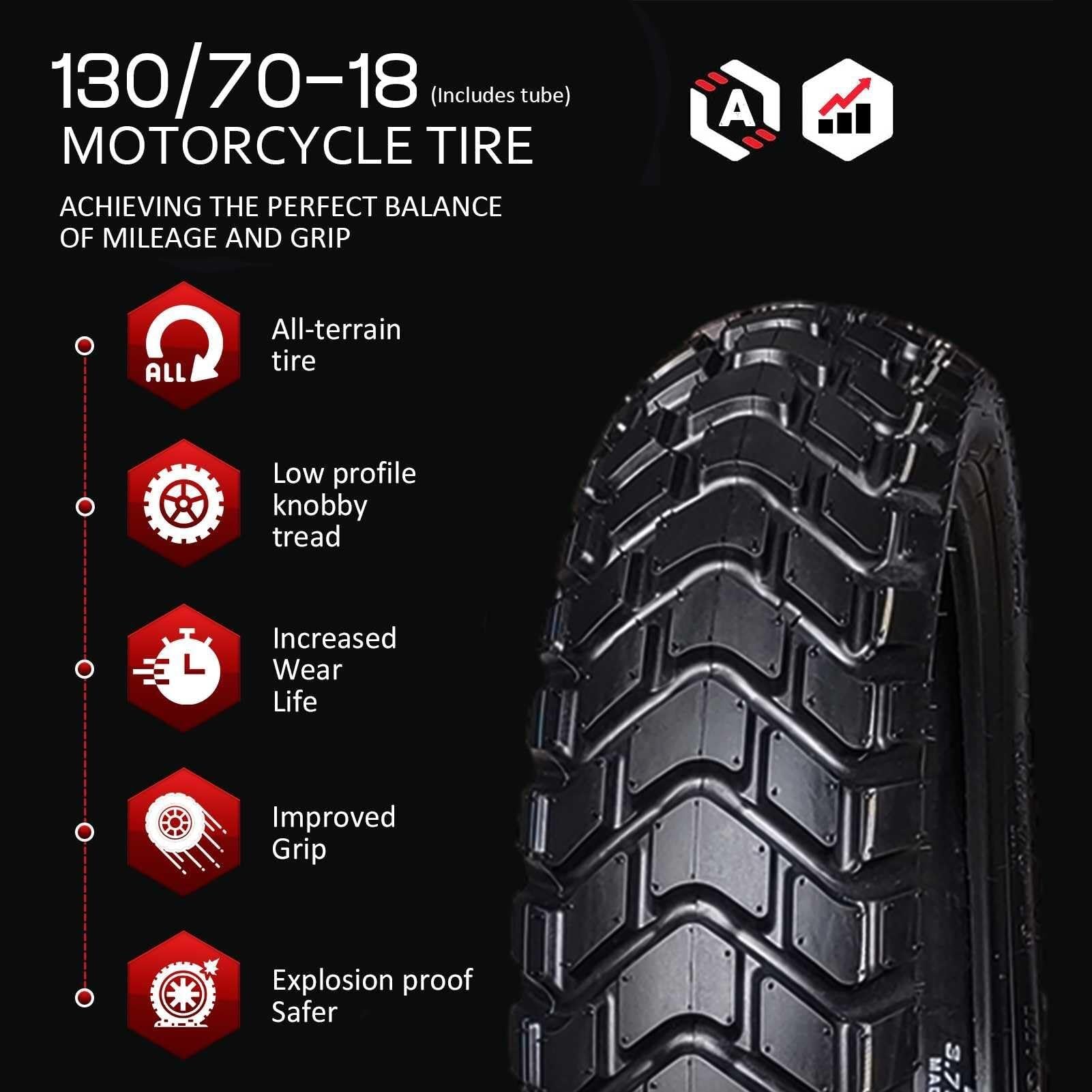 130/70-18 Opona i Dętka, 130 70 18 Opona Terenowa z Niskim Rzeźbieniem, Wytrzymała Opona Motocyklowa 130/70/10 do Jazdy Asfaltowej i Lekkiej Jazdy Terenowej, Czarna