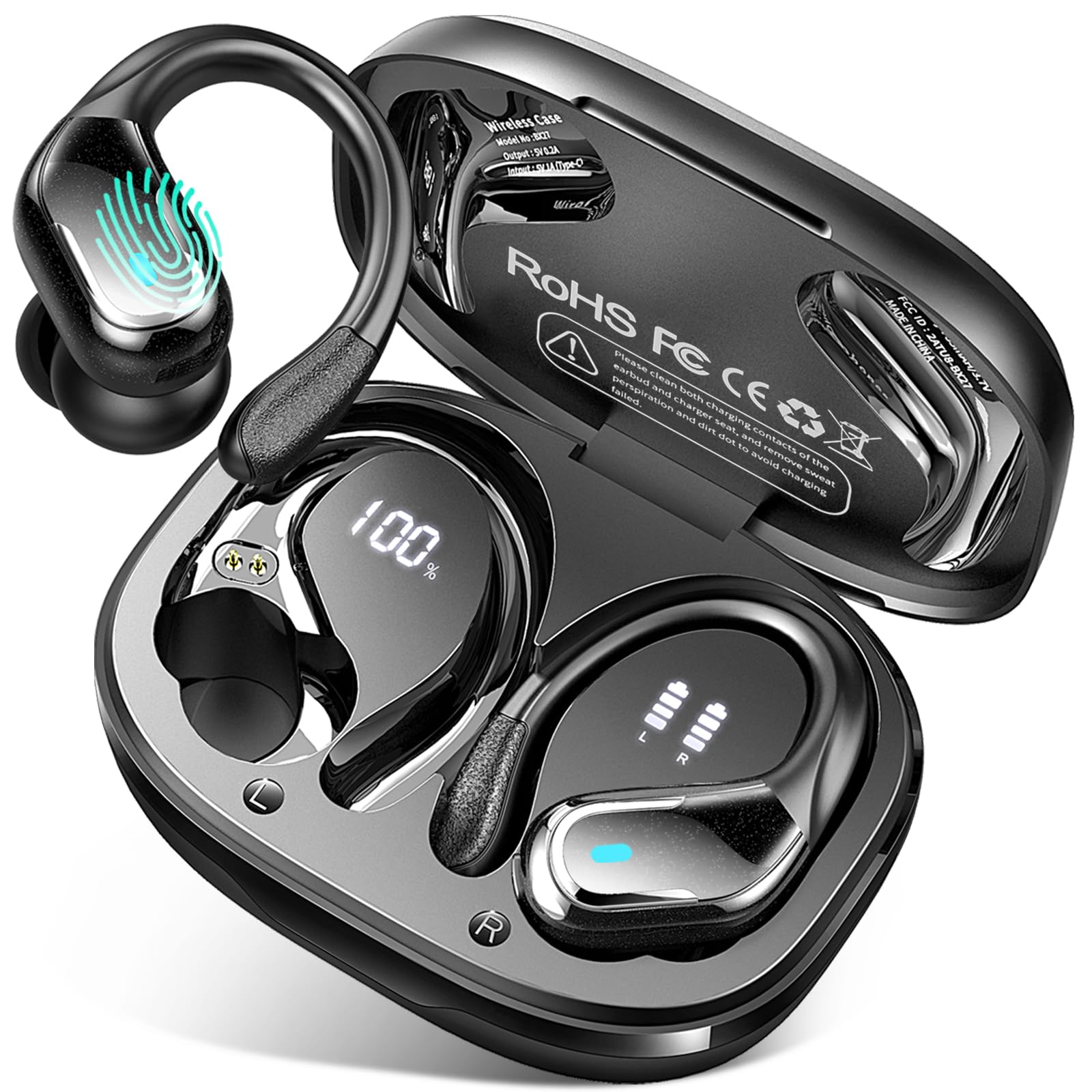 Bluetooth Kopfhörer Sport, 75Std 2026 Kopfhörer Kabellos Bluetooth 5.4, 3D-Stereo Tiefer Bass IP-X8 Wasserdicht Wireless Headphone, 4 ENC Noise Cancelling Mic Earbud, USB-C in-ear Ohrhörer Joggen Gym