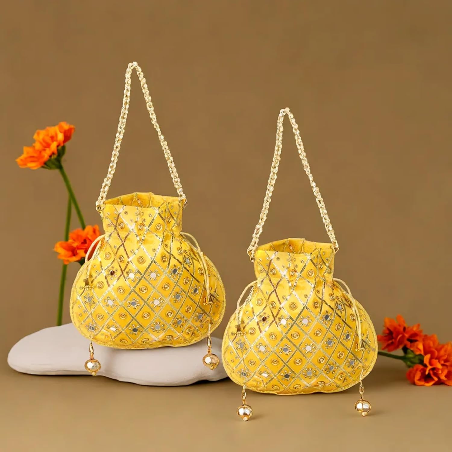 Kuber Industries Potli | Wedding Potli | Drawstring Potli with Handle | Wallet Potli | Christmas Gift Potli | Baby Shower Potli | Mirror Check-Shagun Potli | Pack of 2 | Yellow Kuber Industries Potli | Wedding Potli | Drawstring Potli with Handle | Wallet Potli | Christmas Gift Potli | Baby Shower Potli | Mirror Check-Shagun Potli | Pack of 2 | Yellow