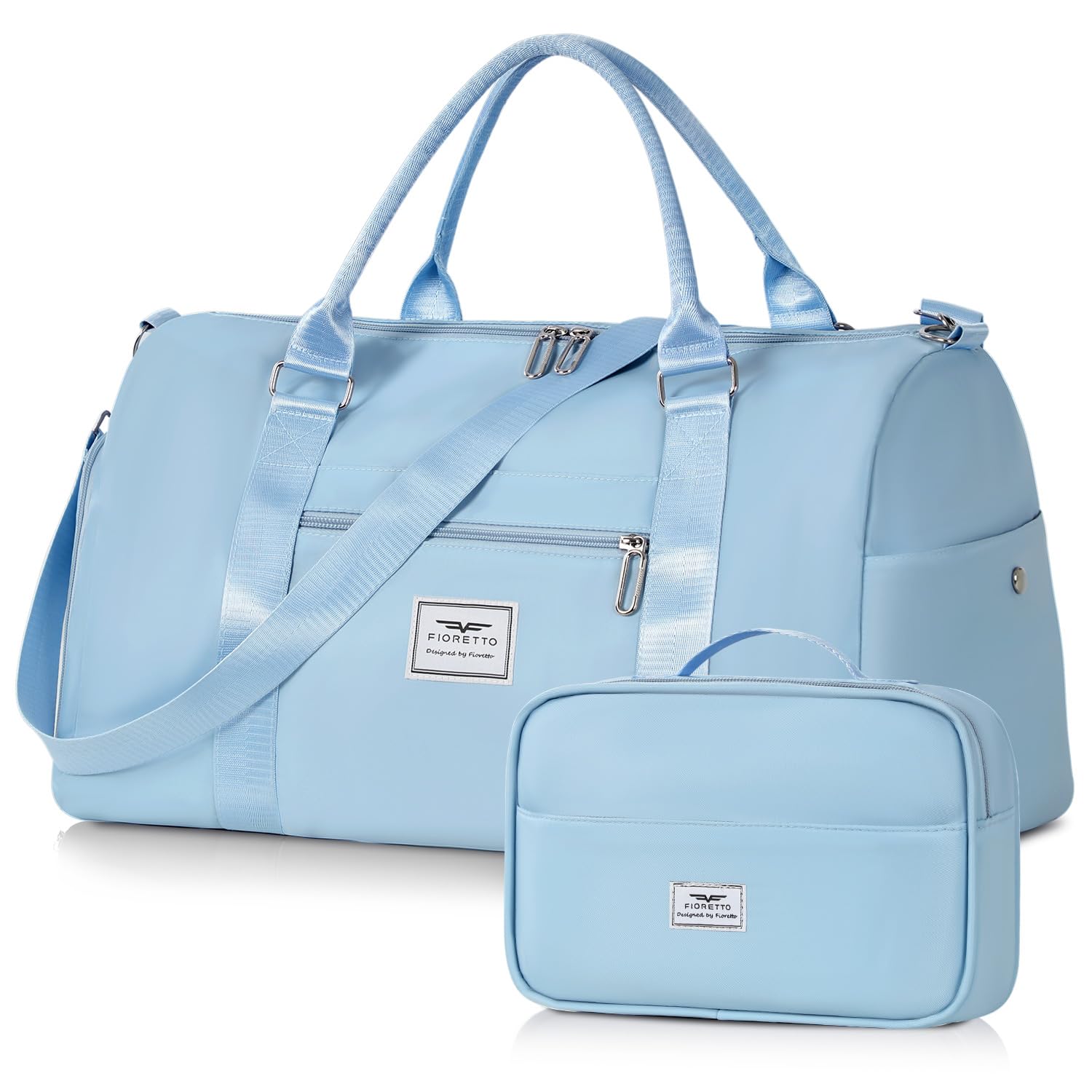 FIORETTO Womens Gym Tote Duffle Bag with Toiletry Bag, Sports Duffel Overnight Hospital Workout Carry on Bag for Girls with Wet Pocket &amp; Shoe Compartment, Ideal for Travel, Swimming, Dance Light Blue