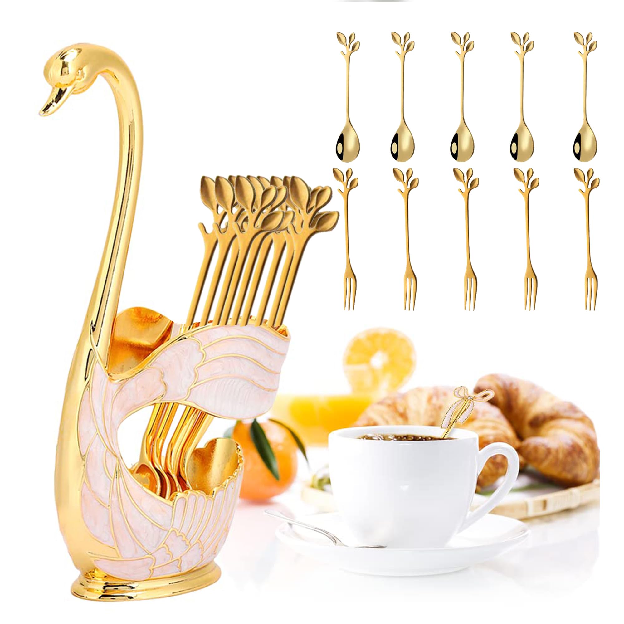 Coffee Spoons Set, Dessert Spoons Set, 10 PCS Tea Spoons with Swan Base Holder, Metal Coffee Spoon Organizer, Stainless Steel Small Spoons for Coffee Cake Dessert Ice Cream Tea Fruit (Gold Pink)