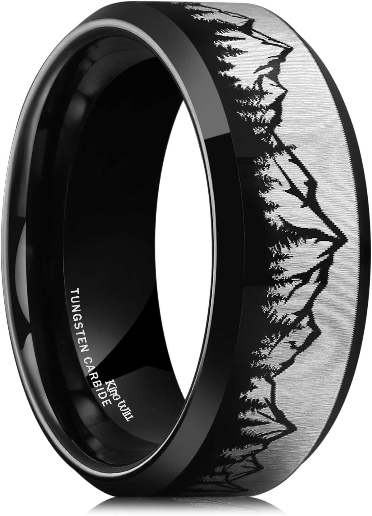 King Will8mm Mens Wedding Band Silver Black Plated Tungsten Wedding Ring for Men Mountain Tree Lasered Rings Camouflage Camo Inlay Rings Size 7-14丨Nature Adventure Collection