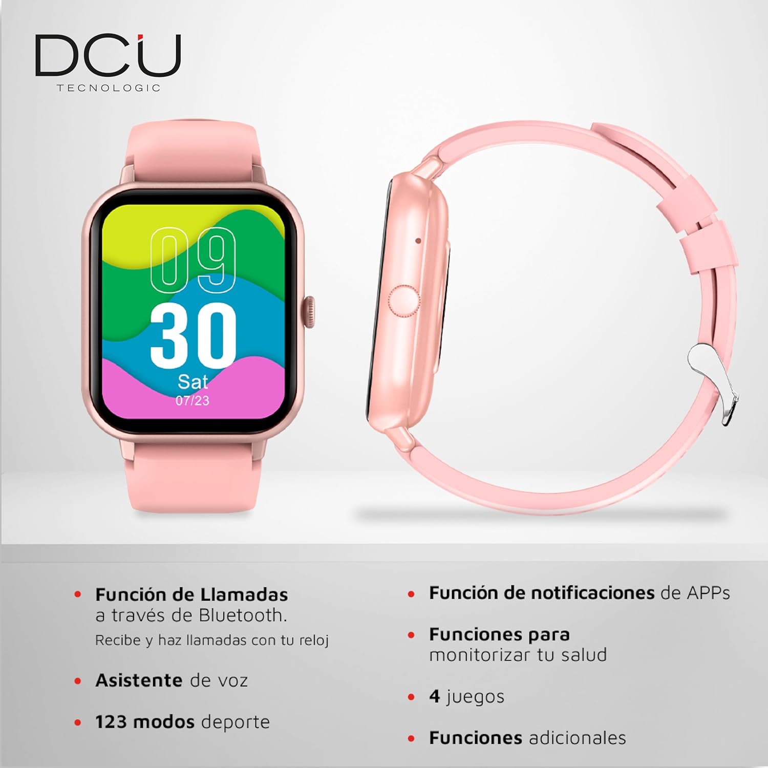 DCU TECNOLOGIC Smartwatch with Curved Glass PRO - Adjustable 1.83" HD Touchscreen - IP67 Waterproof - 123 Sport Modes - Pink, Pink, One Size, Casual