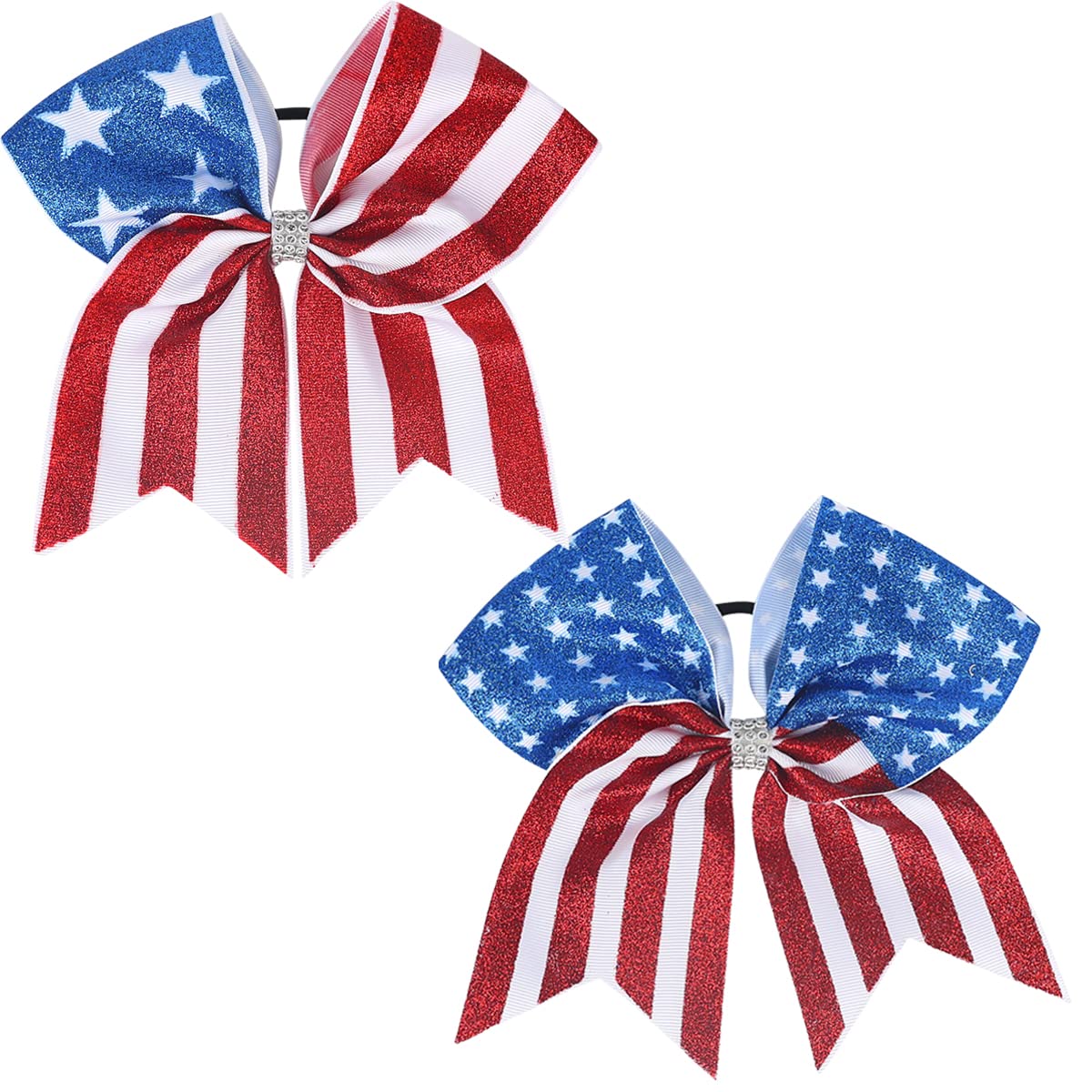 2PCS American Flag 8 Inch Glitter Ribbon Patriotic Bow Ties with Elastic for 4th of July, Independence Day Hair Accessories for Teens Kids (Style A)