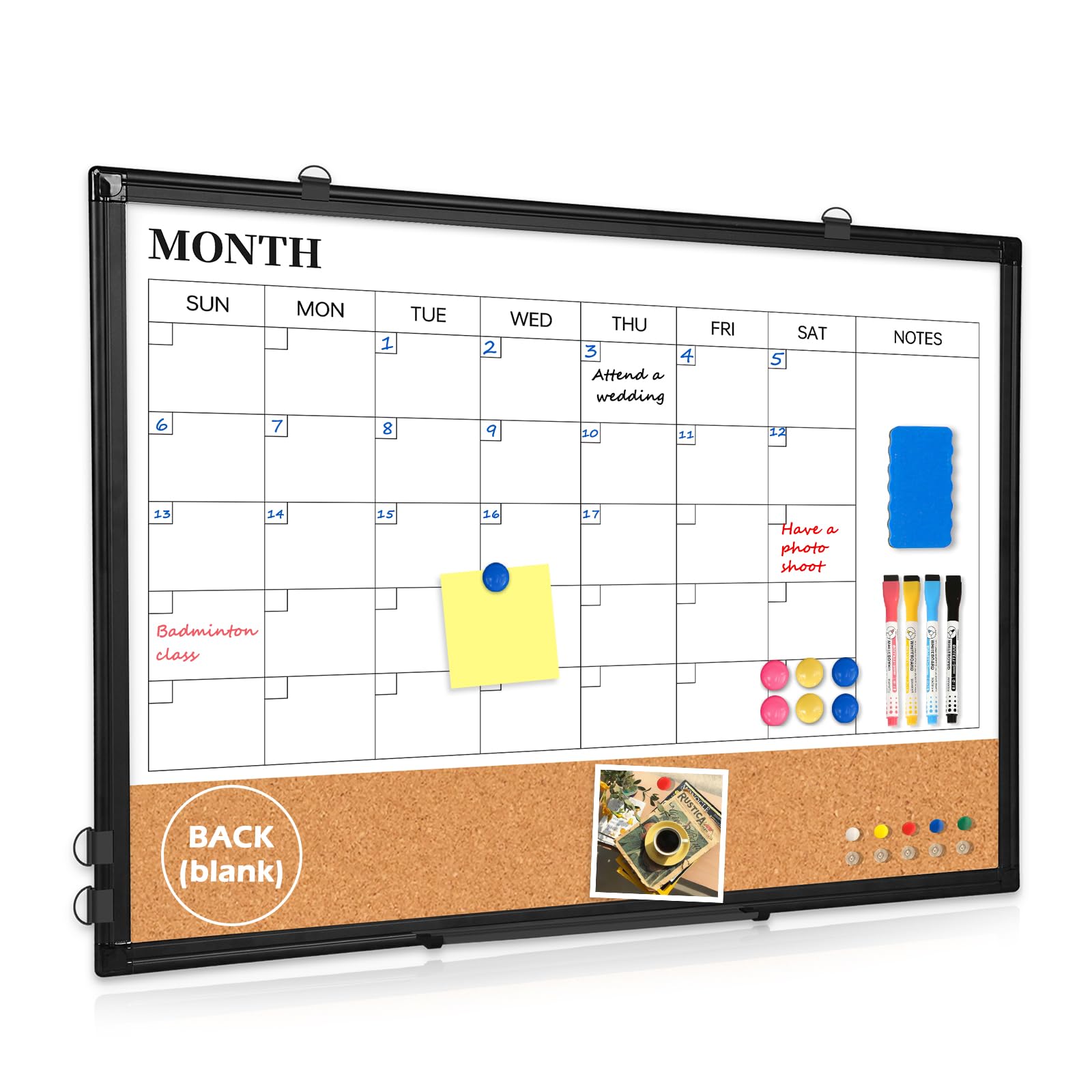 Monthly Calendar Whiteboard Dry Erase Cork Board Combo, 36" x 24" Magnetic Double-Sided Calendar White Board and Bulletin Board with Black Aluminium Frame, Portable Board for Office,Home