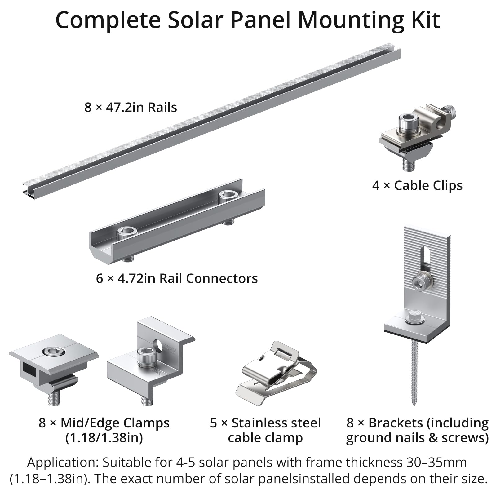 Anbte Kit de soporte para central de balcón para 4-5 módulos solares, incluye 8 rieles solares de 1,2 metros, 6 rieles cortos de 120 mm, 8 abrazaderas centrales de 30/35 mm y abrazaderas finales, para