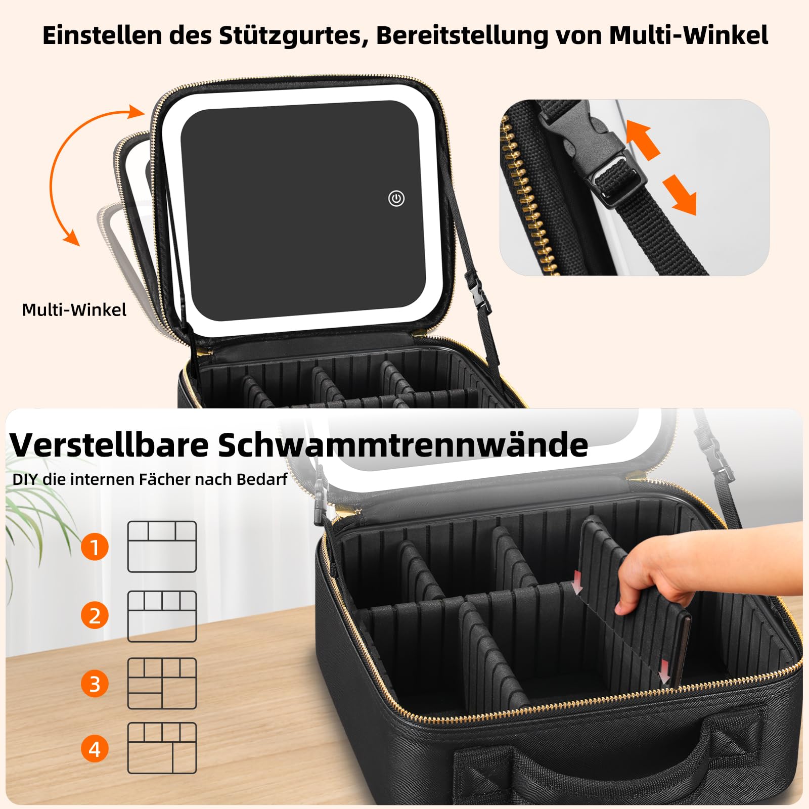Reisekosmetiktasche mit beleuchtetem Spiegel, 3 Farbmodi dimmbaren Lichtspiegel, wasserdichte PU Leder Make up Organizer Tasche