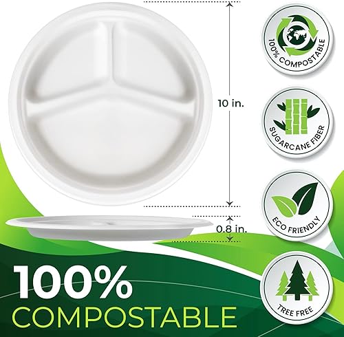 Miniatura 2 de 150 piezas 100% compostables platos de papel de 10 pulgadas, platos de fibra de caña de azúcar resistentes desechables ecológicos biodegradables de
