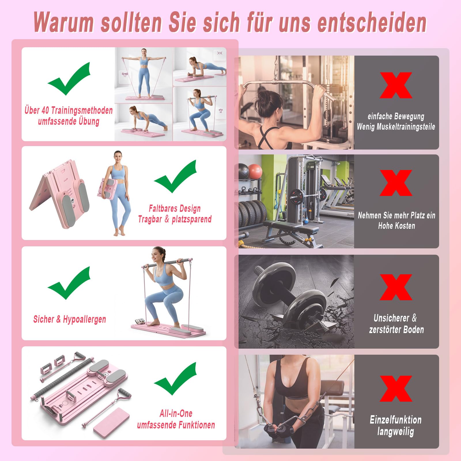 Pilates Board Faltbarer, Pilates Reformer Maschine & Hometrainer, Fitnessgeräte für Zuhause, Multifunktionales Pilates Set mit verschiedenem Zubehör