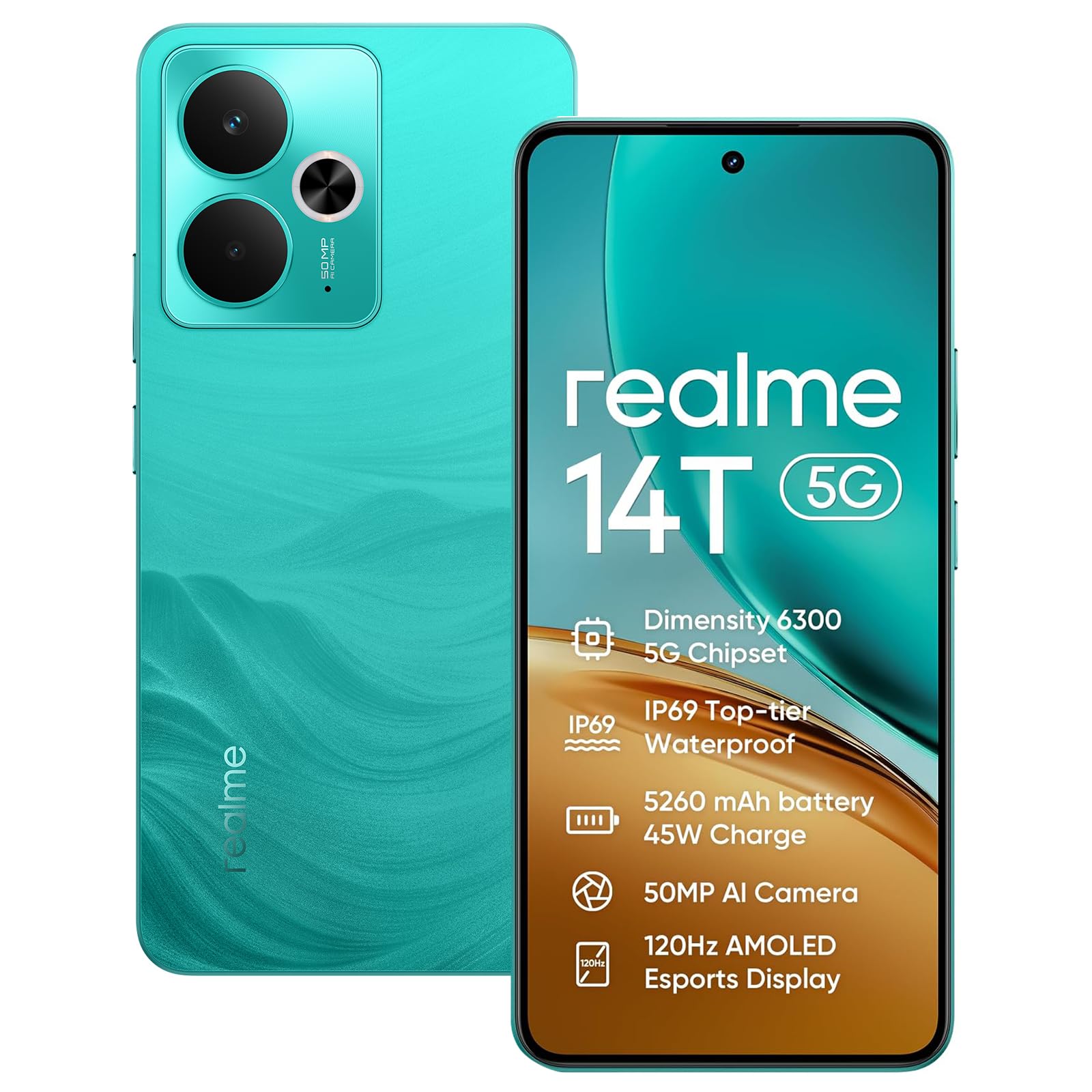 realme 14T 5G Smartphone 8+256GB,Chipset 5G Dimensity 6300,Fotocamera Ai 50MP,Display Super AMOLED 6,67'' 120Hz,Batteria massiccia 5260mAh,doppia sim,NFC,Verde