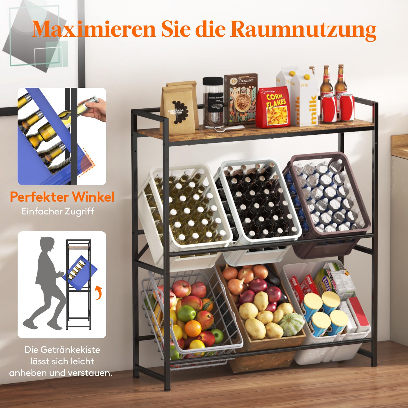 Lifewit Getränkekistenregal mit Ablage für 6 Kisten, Kistenregal Metall trag. 340 kg, 32D x 104W x 117,3H cm Freistehend Kistenständer Getränkeregal Wasserkistenregal Bierkistenregal, Rustikales Braun
