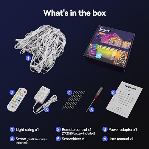 Miniatura 7 de TECKNET Luces permanentes para exteriores de 100 pies, luces LED RGBIC inteligentes de Navidad, modos preestablecidosbricolaje, sincronización de
