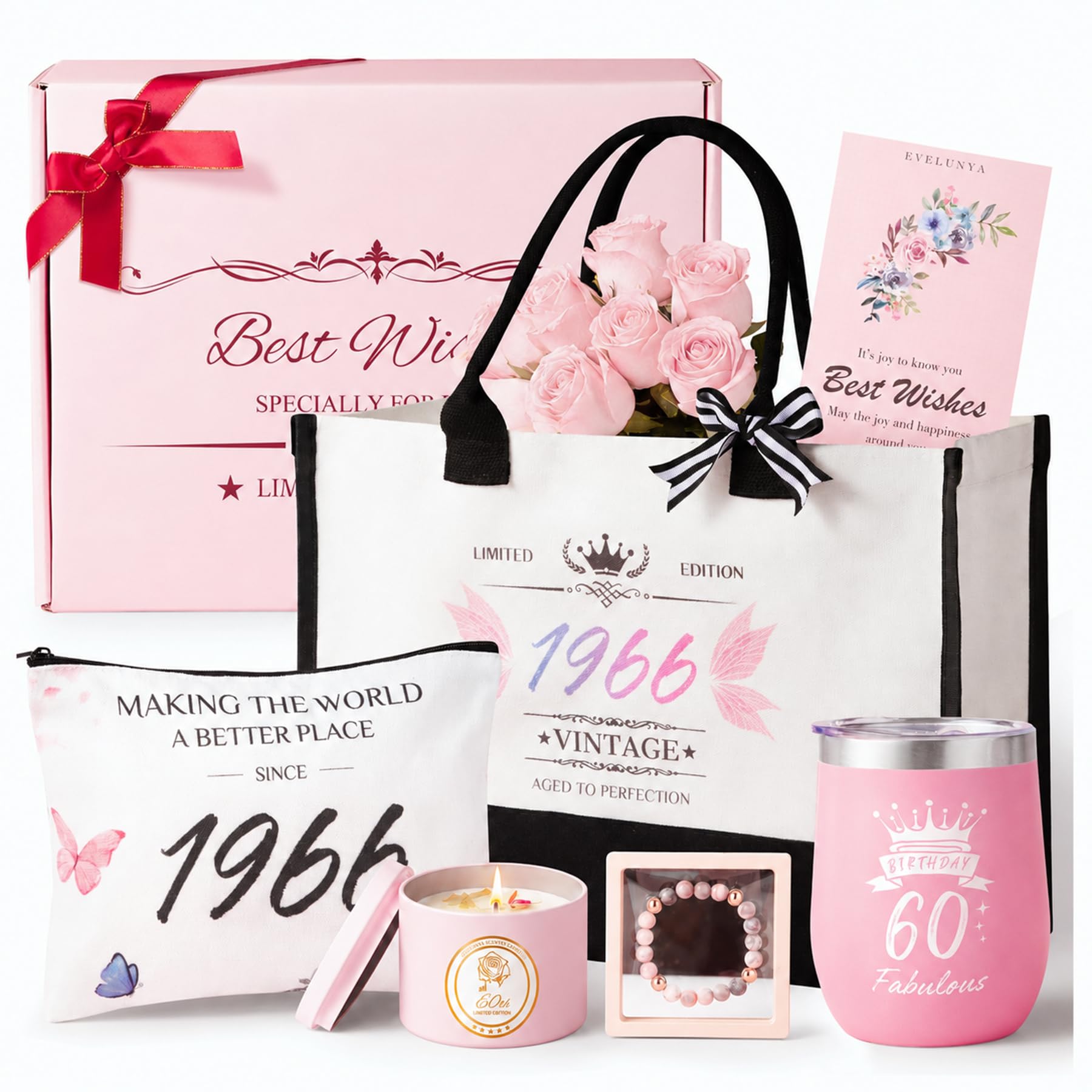 60 Geburtstag Frauen, Tote-Bag-Geschenkset, Duftkerze mit echten Blüten, Exklusives Geschenkset, Besondere Geschenkideen, Verwöhn-Geschenk für Frauen, Limitierte Auflage 1966