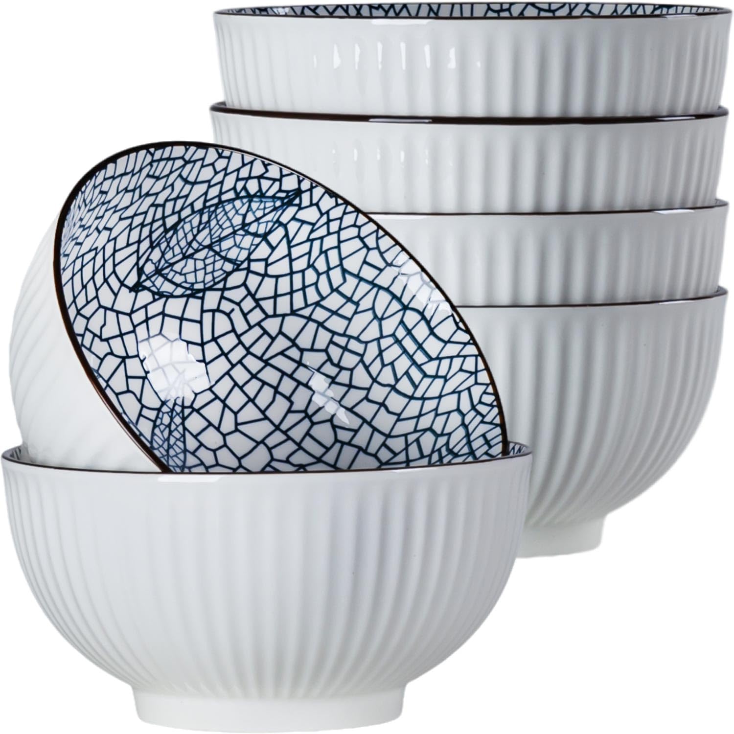 Houlu 6 in Small Japanese Bowls Set of 6, Versatile 30 oz Blue and White Porcelain Bowls for Soup, Cereal, Salad, Desserts, and Side Dishes - Leaf