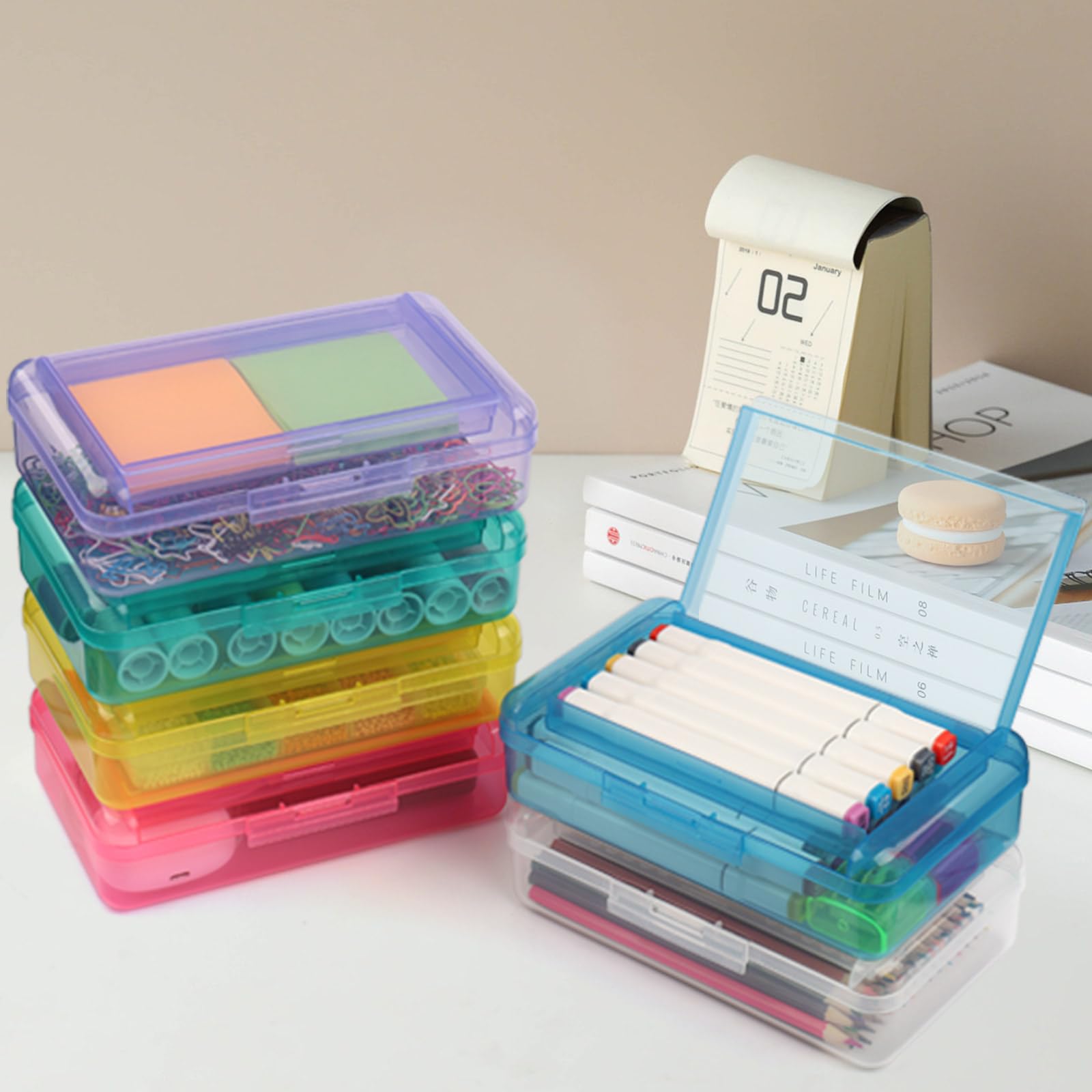 Meiikun Boîte à crayons 2 compartiments, grande capacité, boîte à crayons multicolore, trousse à crayons esthétique pour l'école, le bureau, les enfants, garçons et filles, Bleu + rose + jaune +