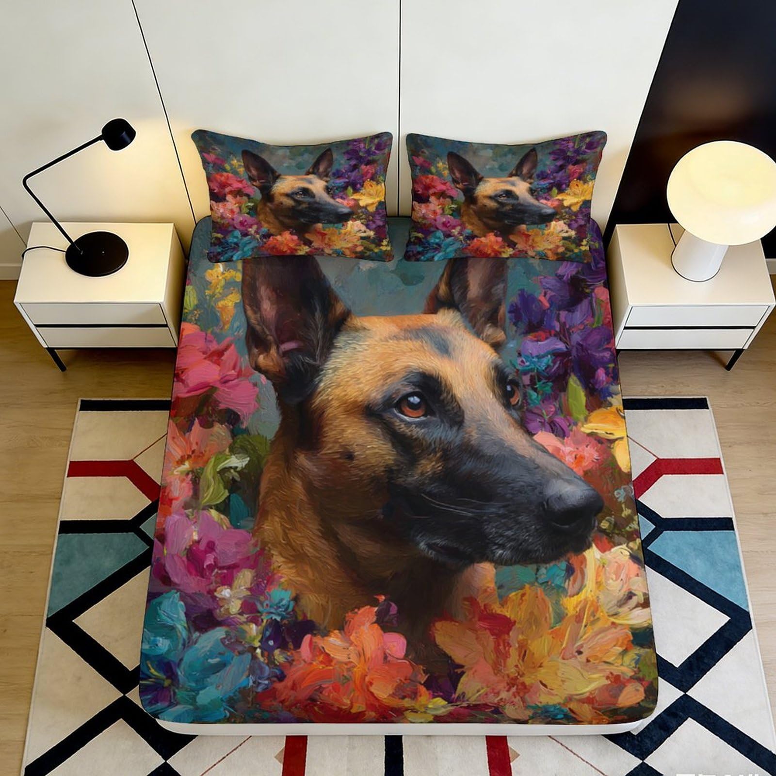 3D Printed German Shepherd Dog Fitted Sheet Microfiber Soft Breathable Floral Bed Sheet for Bedroom Dormitory Guest Room Mattress Protection Decor 90x200x25cm