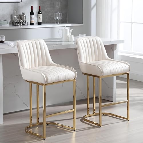 Miniatura 46 de Juego de 2 taburetes de bar de terciopelo beige de 26 pulgadas, modernos taburetes de mostrador con respaldo/patas doradas, sillas de bar tapizadas,