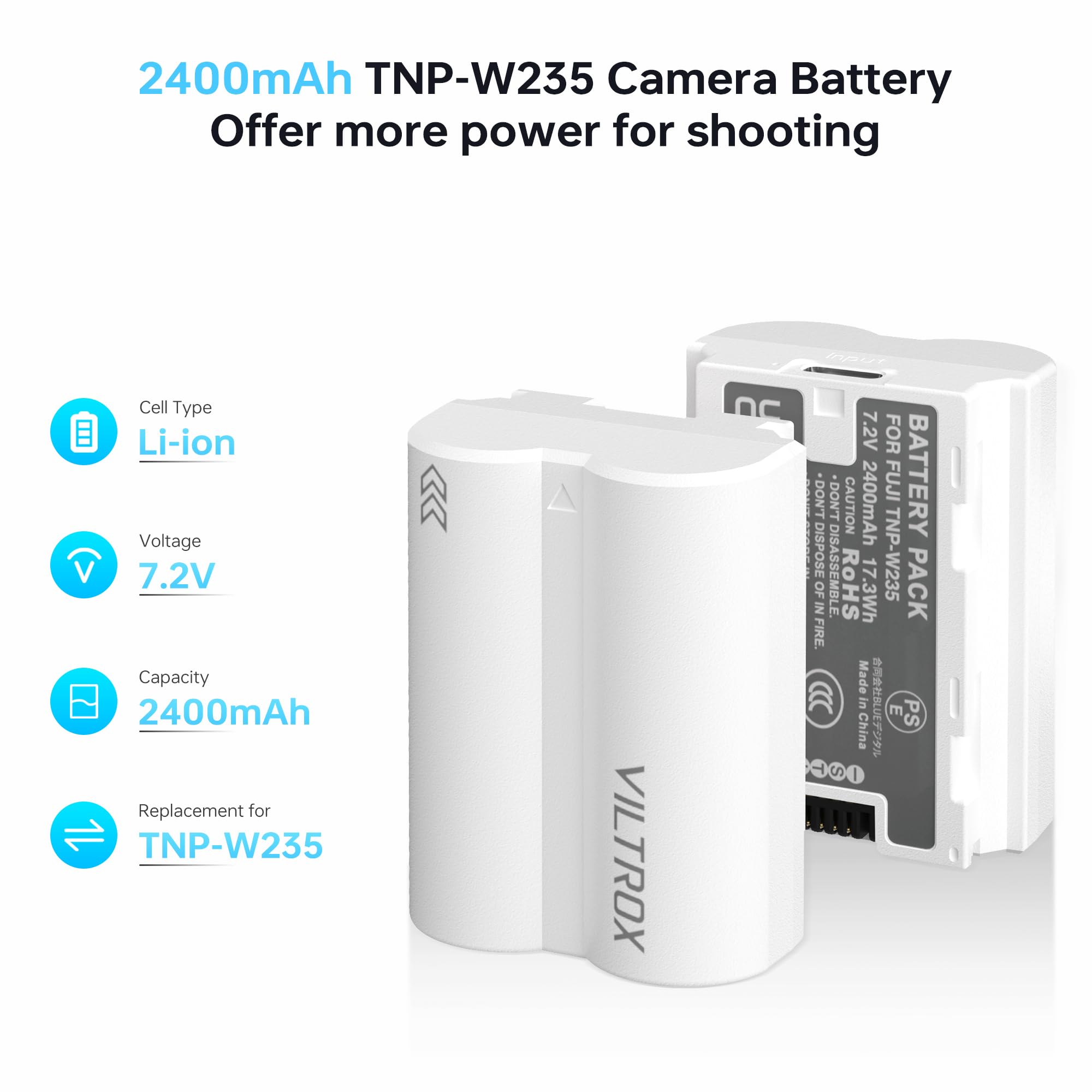 VILTROX 2 Pack NP-W235 2400mAh Batteries de Rechange USB-C 2,5 H Charge Rapide Batterie Rechargeable pour Appareil Photo Compatible avec Fujifilm X-T5, X-T4, VG-XT4, X-S20, X-H2S, X-H2, GFX50S II