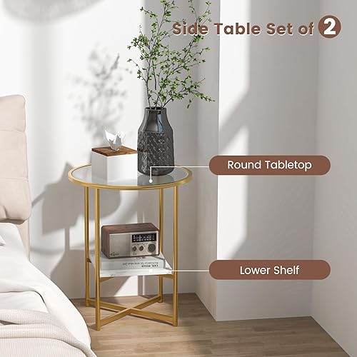 Miniatura 4 de Giantex Juego de 2 mesas auxiliares de cristal, mesa auxiliar redonda con estante de almacenamiento de mármol sintético y parte superior de cristal,