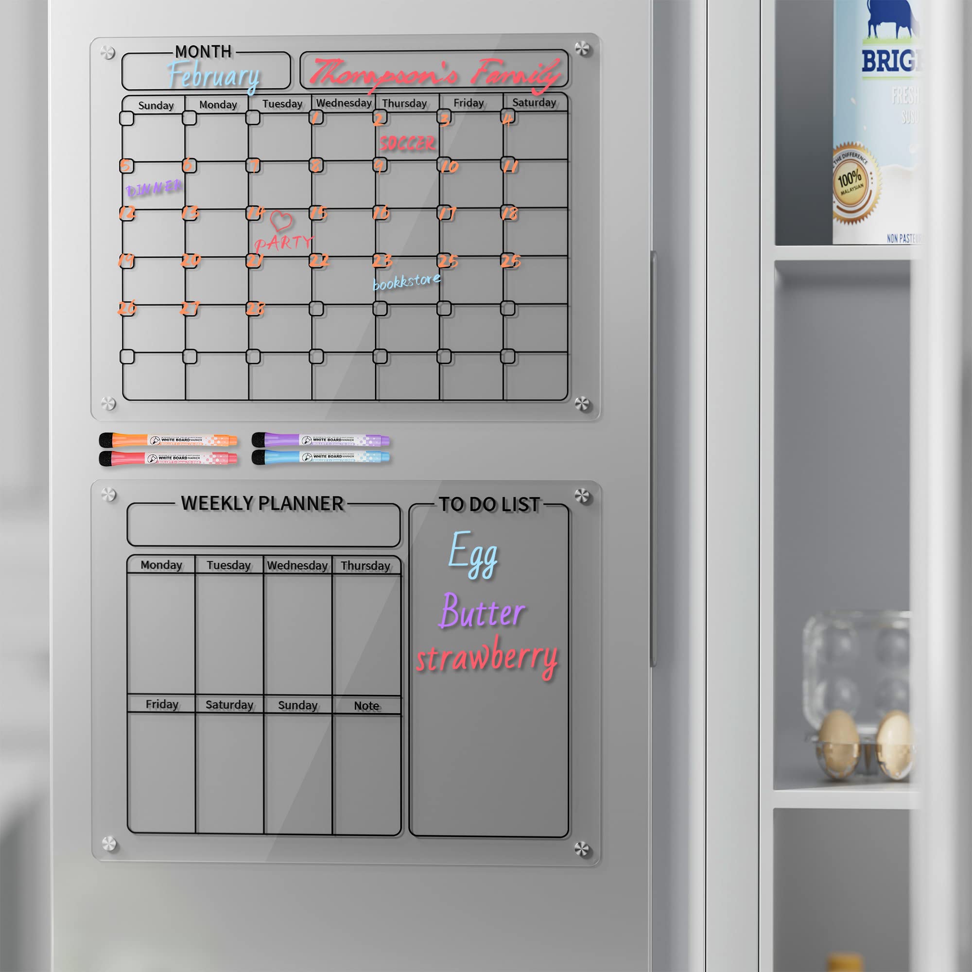 GOLIFE Magnetic Acrylic Calendar for Fridge - Dry Erase Board Calendar for Fridge, Reusable Planner, Gift for Home Organization, Includes 4 Dry Erase Markers with 4 Colors(16"x12"Inches)