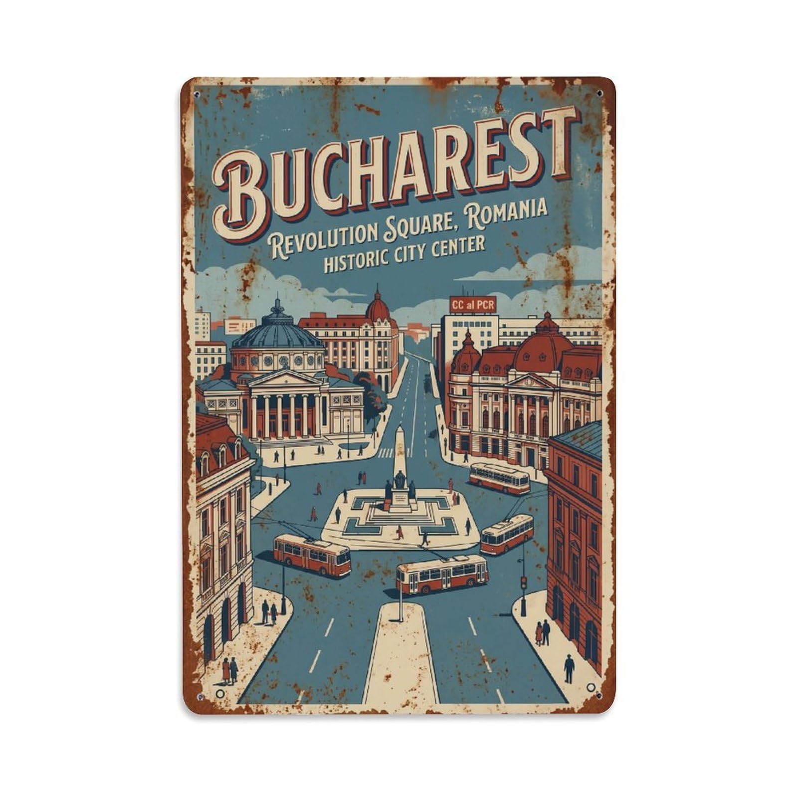 Vintage Travel Bucharest Revolution Square Historic Romania Metal Tin Sign Plaque Wall Decor for Cafe, Club Bar, Office, Home Garden Metal Poster 8x12Inch