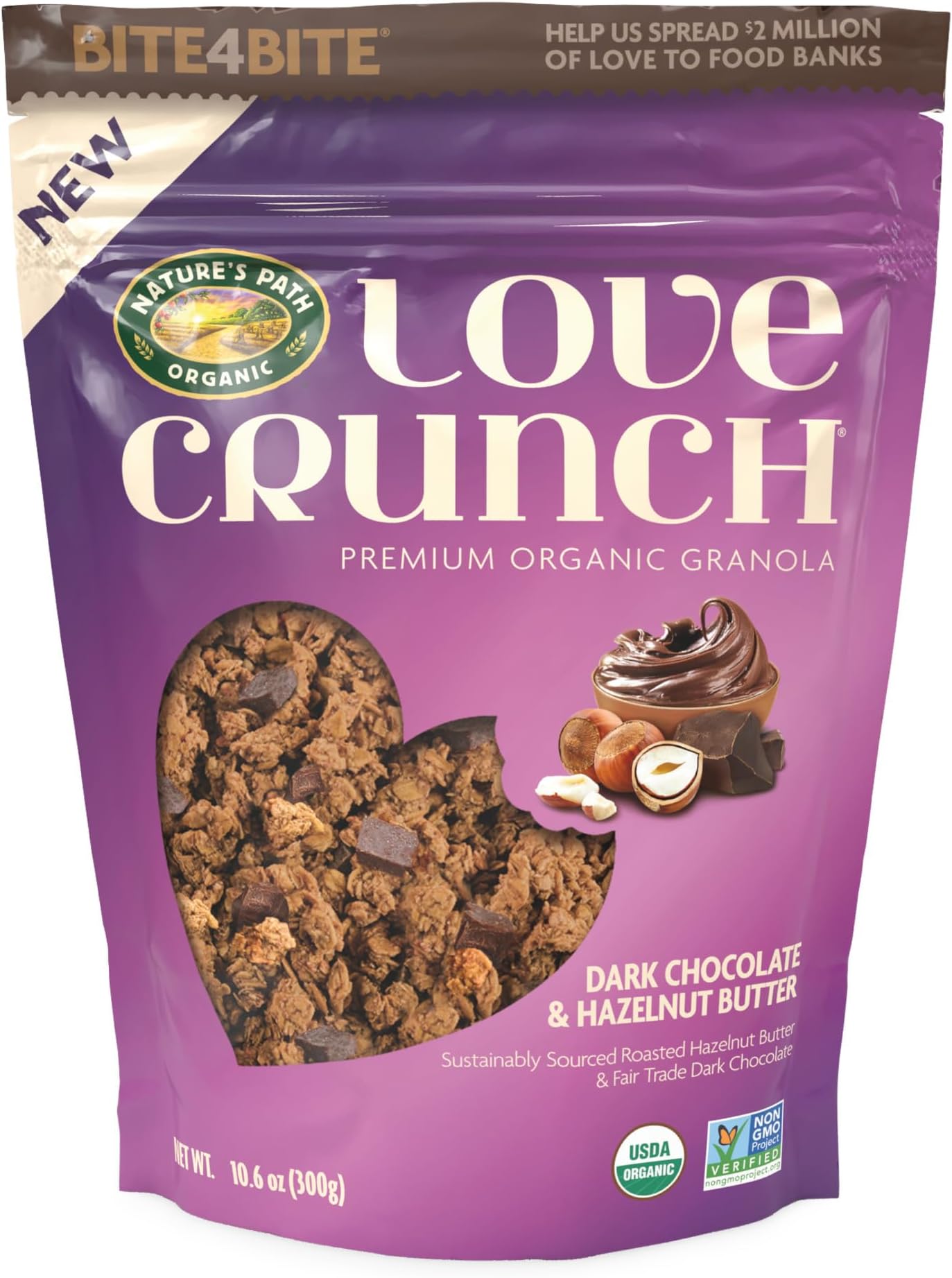 Love Crunch Organic Dark Chocolate & Hazelnut Butter Granola, 10.6 oz (Pack of 1), Non-GMO, Fair Trade, by Nature's Path