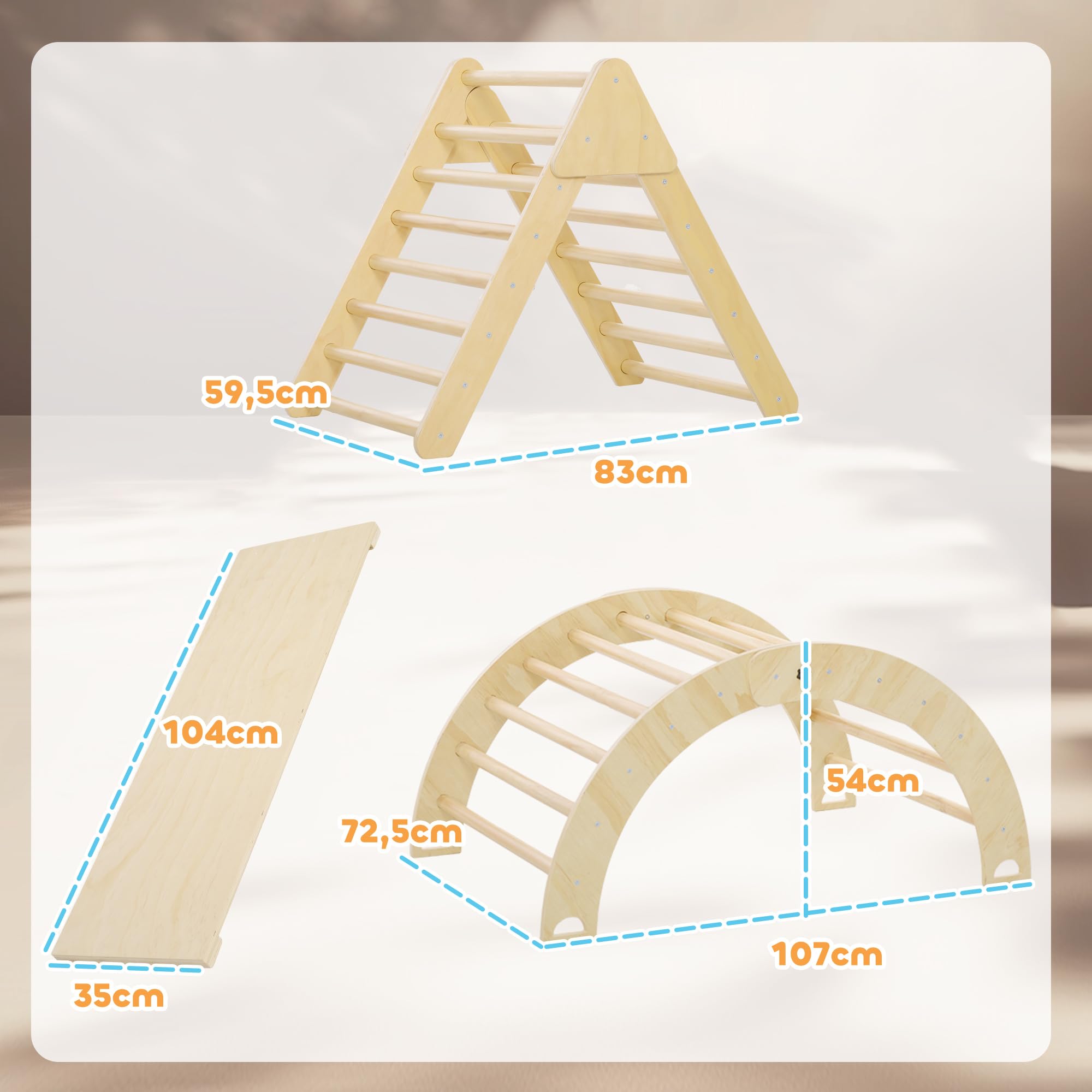 AIYAPLAY Triángulo de Escalada de Madera 4 en 1 Montessori Escalada para Niños de 18-48 Meses con Rampa Juego de Escalada de Arco para Deslizarse o Trepar 219x72,5 cm Natural