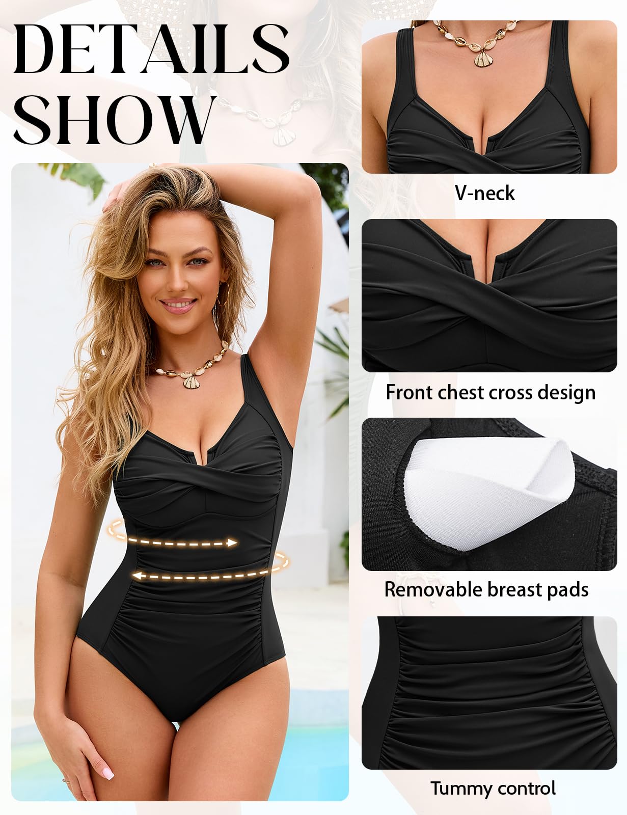 Costume Intero Contenitivo da Bagno Donna Curvy Costumi Interi Push Up Scollo A V Mare Beachwear Swimsuit for Women