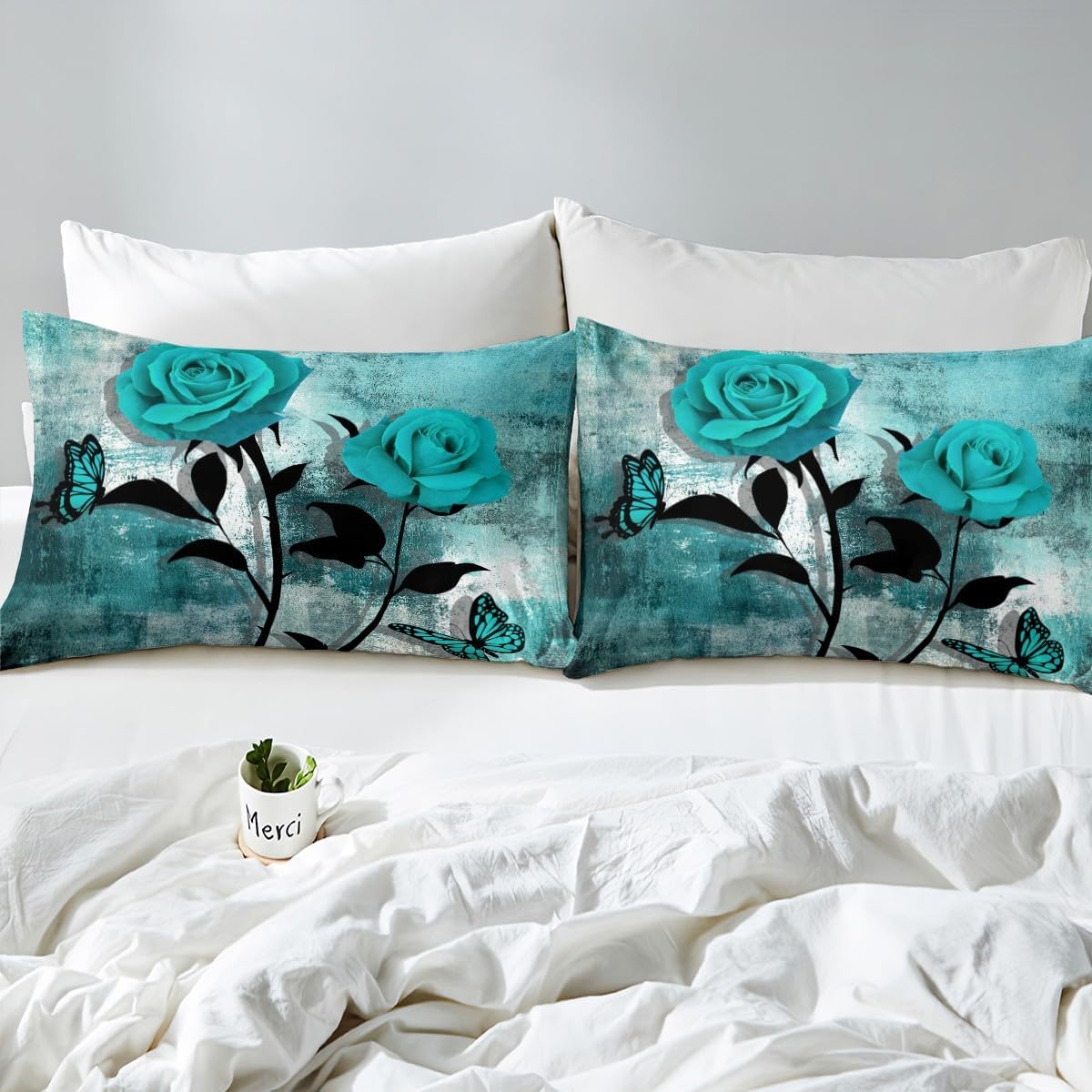 Teal Blue Duvet Cover Queen,Turquoise Ombre Rose Bedding Set for Kids Boys Girls Adult,Grunge Watercolor Comforter Cover,Vintage Contemporary Artwork Bed Sets with 2 Pillowcases Bedroom Decor