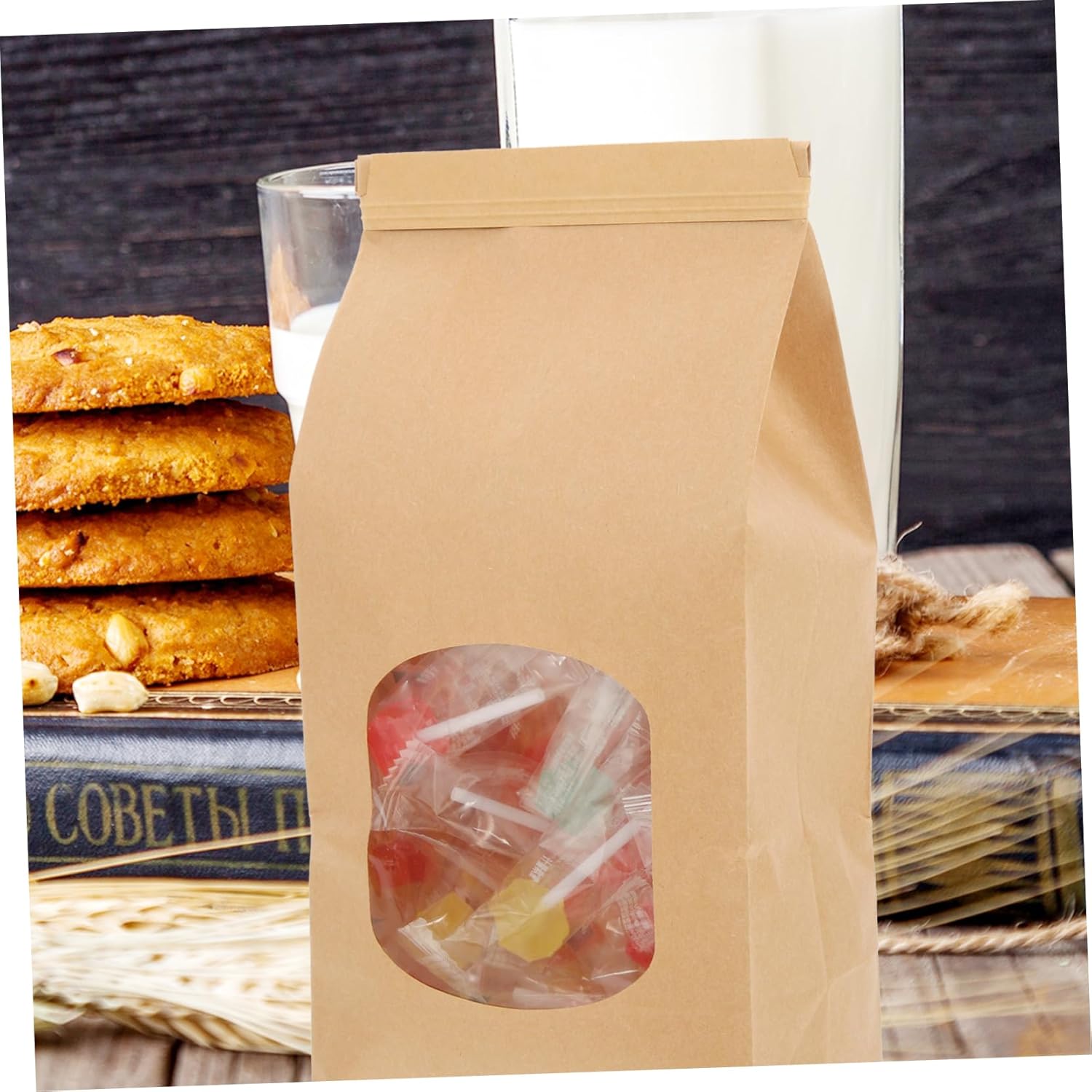100pcs Resealable Kraft Paper Bakery Bags with Window Snack Treat Bags for Cookies Candy and Popcorn Grease-resistant Design for Home and Party Use
